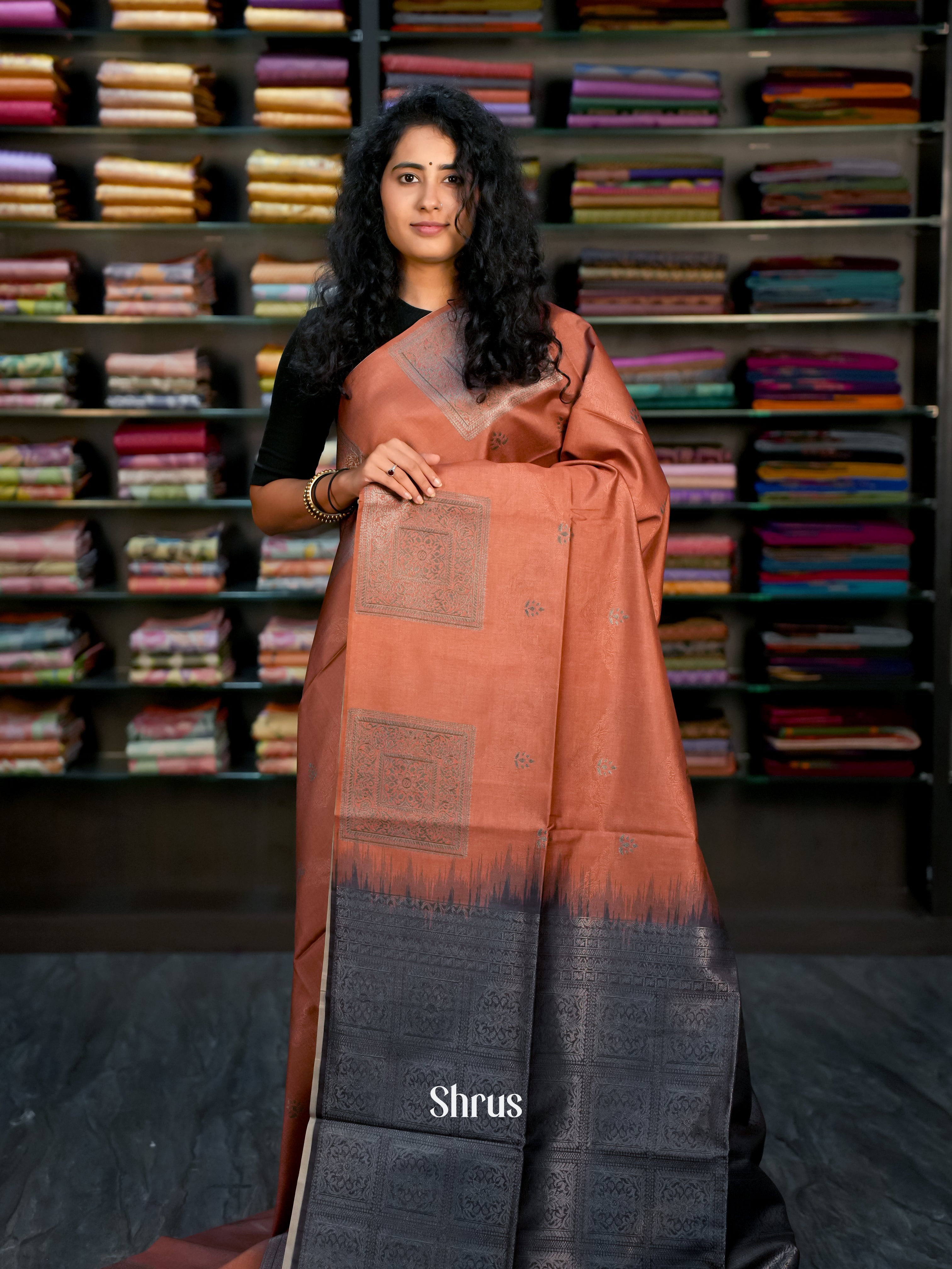 Brown & Black - Semi Tussar Saree - Shop on ShrusEternity.com