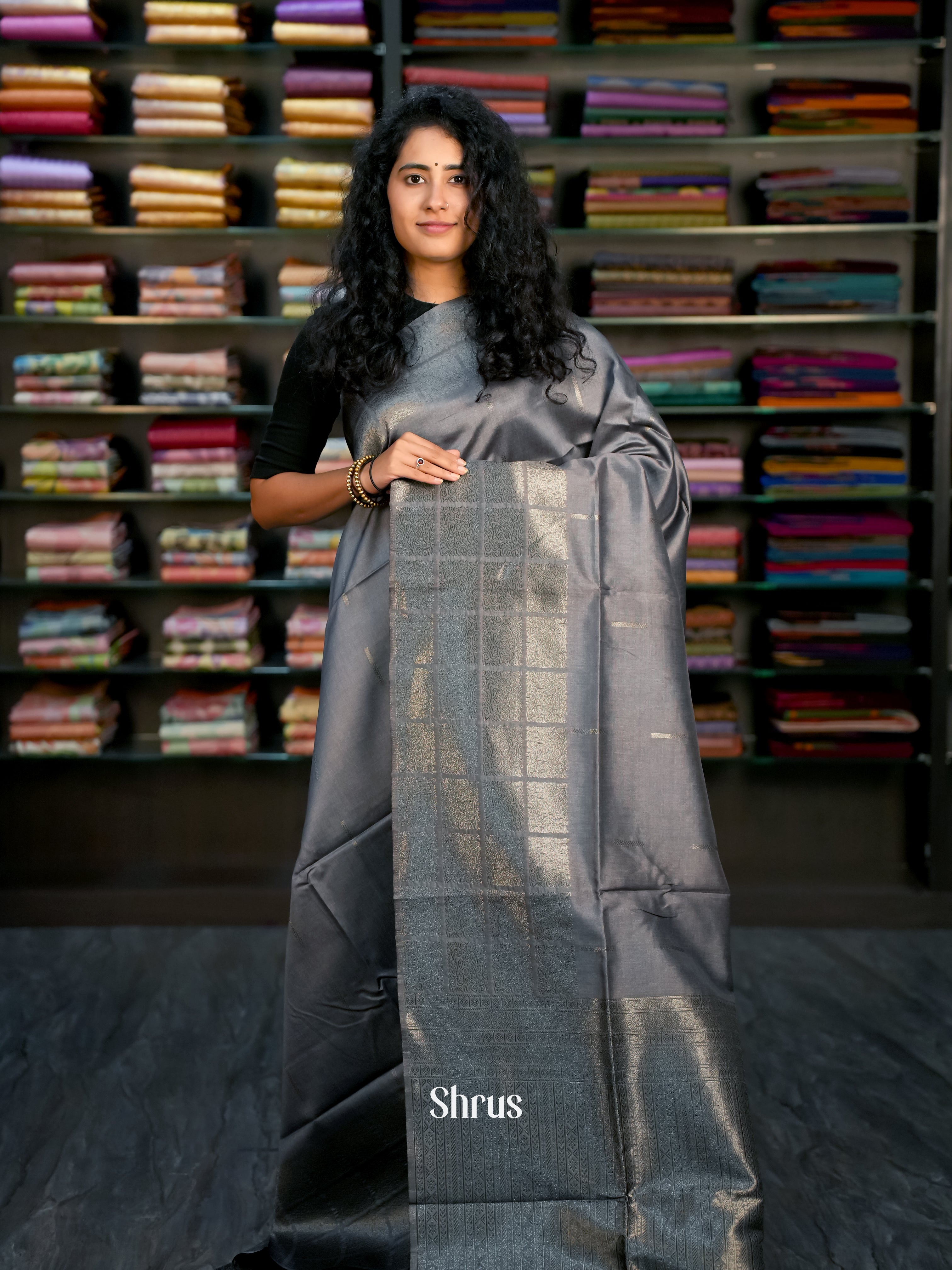 Grey - Semi Tussar Saree - Shop on ShrusEternity.com
