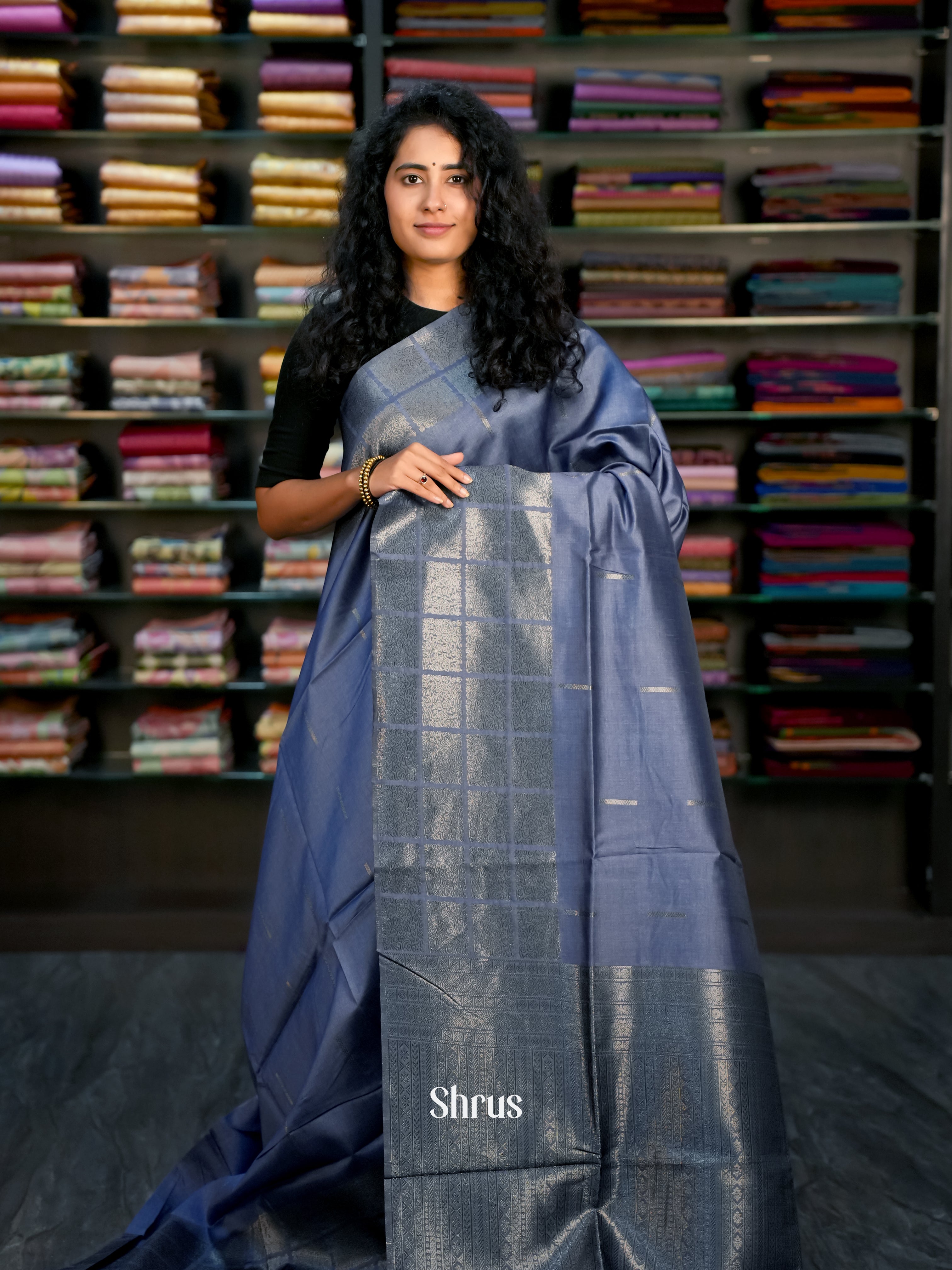 Bluish Grey - Semi Tussar Saree - Shop on ShrusEternity.com
