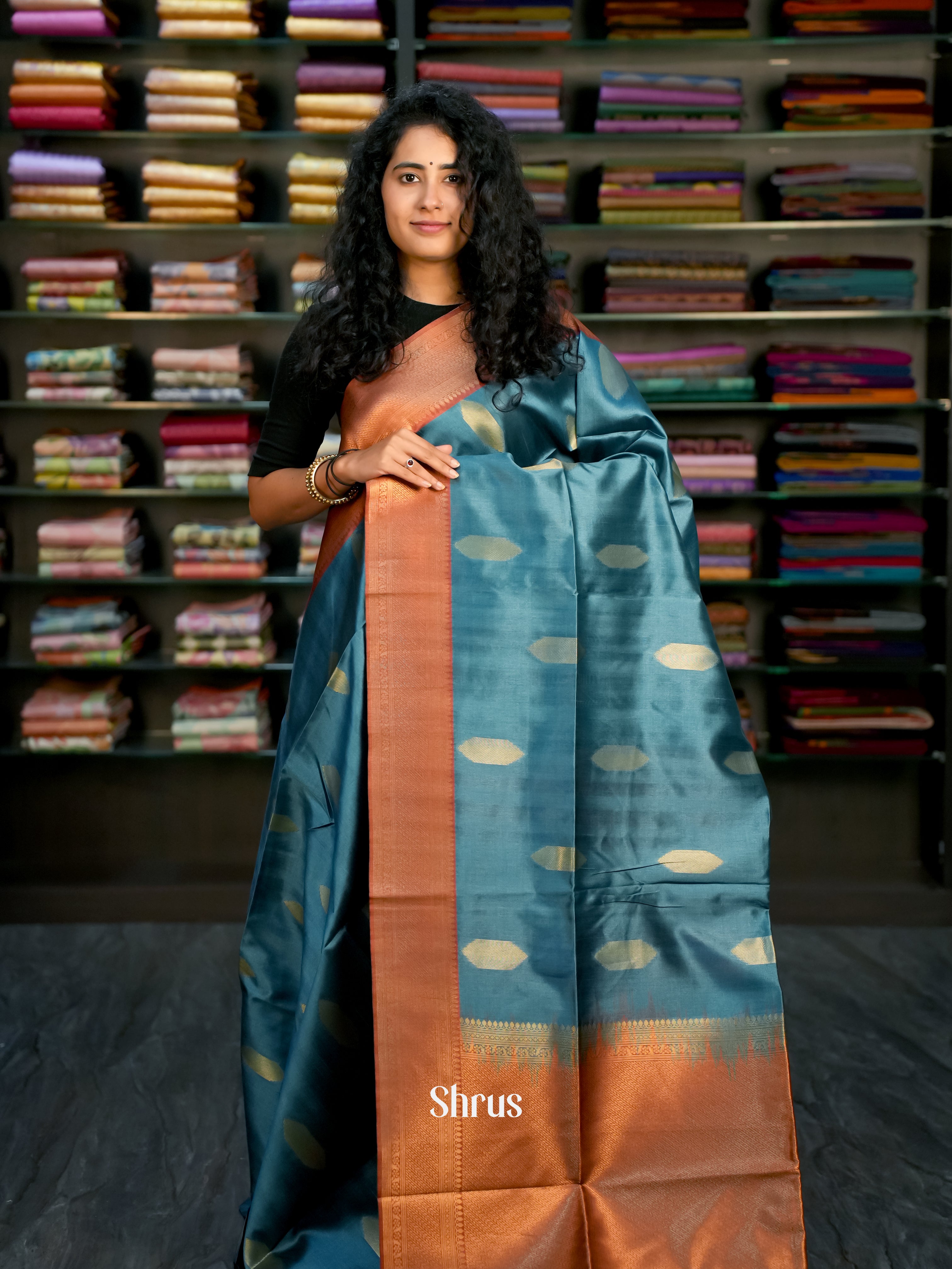 Blue & Red- Semi Tussar Saree - Shop on ShrusEternity.com