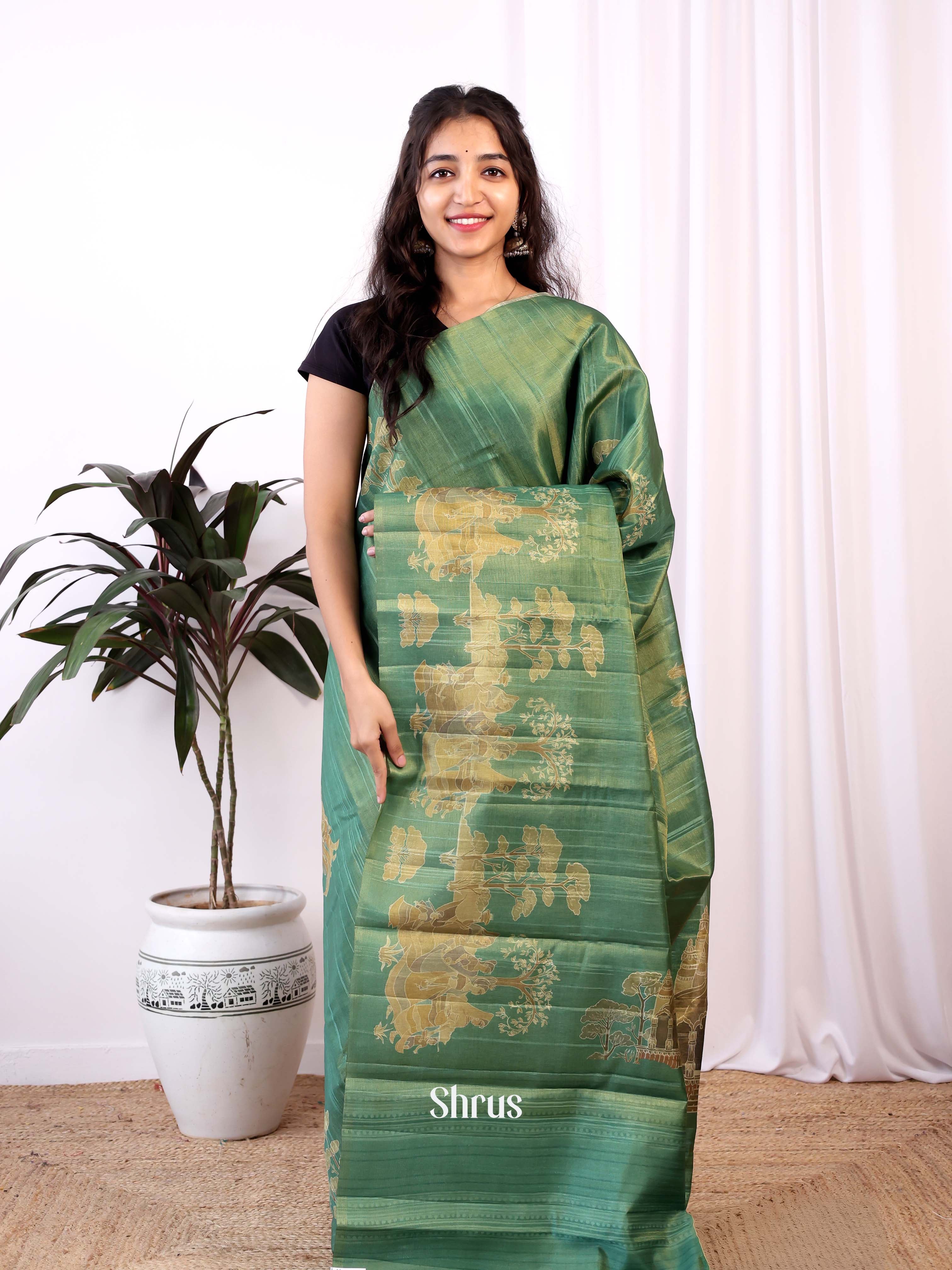 Green- Semi Tussar Saree - Shop on ShrusEternity.com