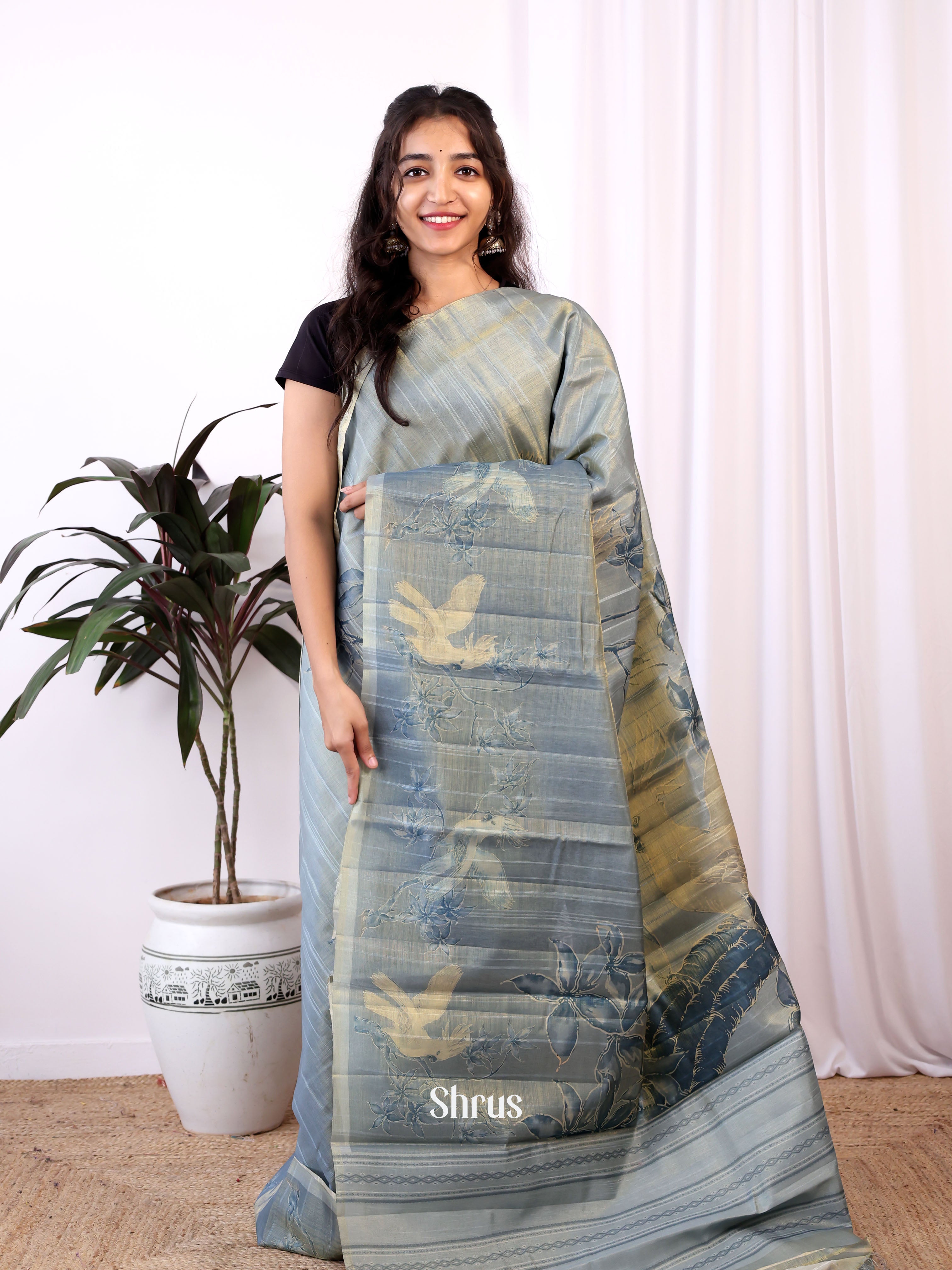 Grey- Semi Tussar Saree - Shop on ShrusEternity.com