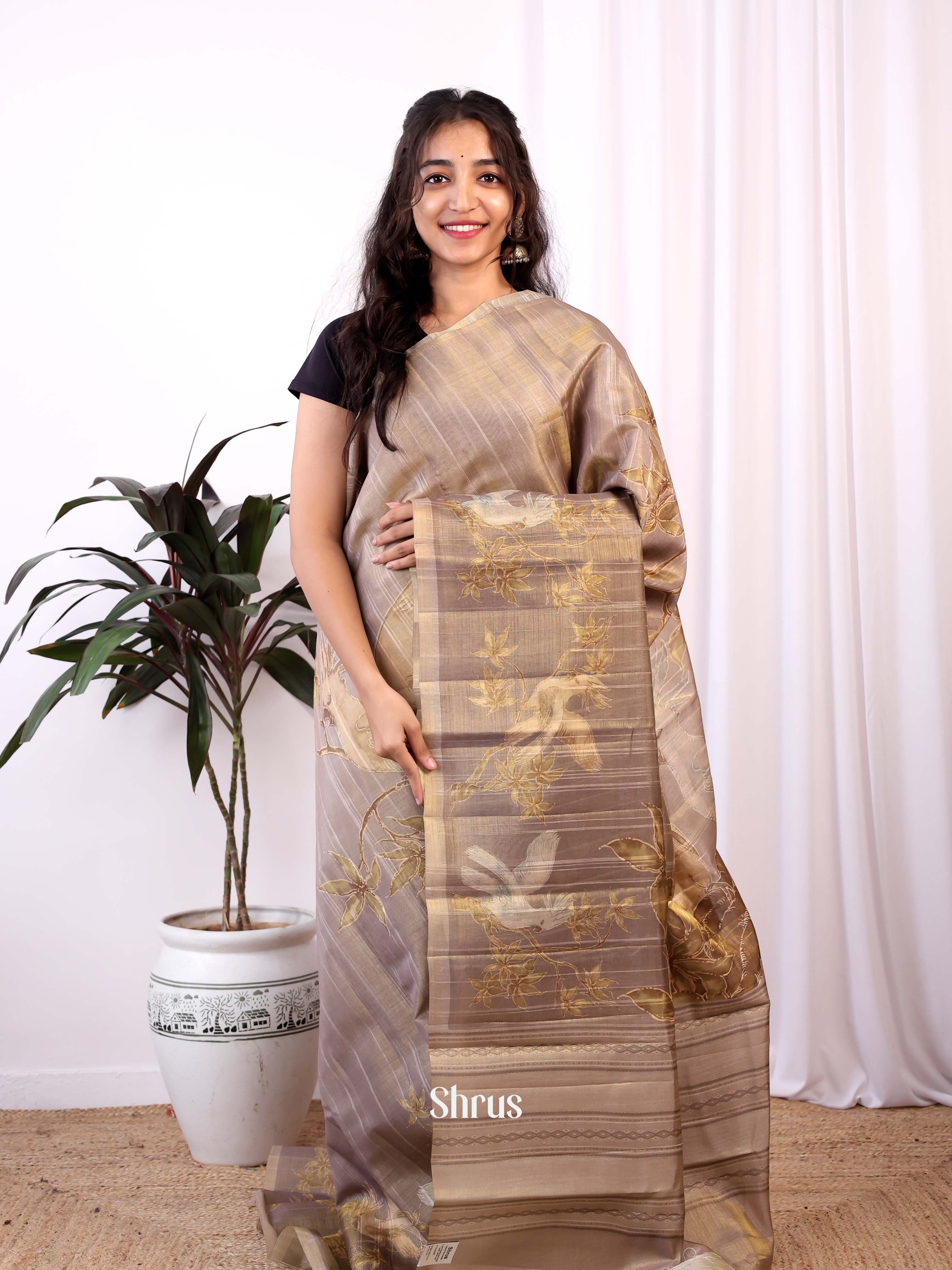 Double Shaded Greyish gold - Semi Tussar Saree - Shop on ShrusEternity.com
