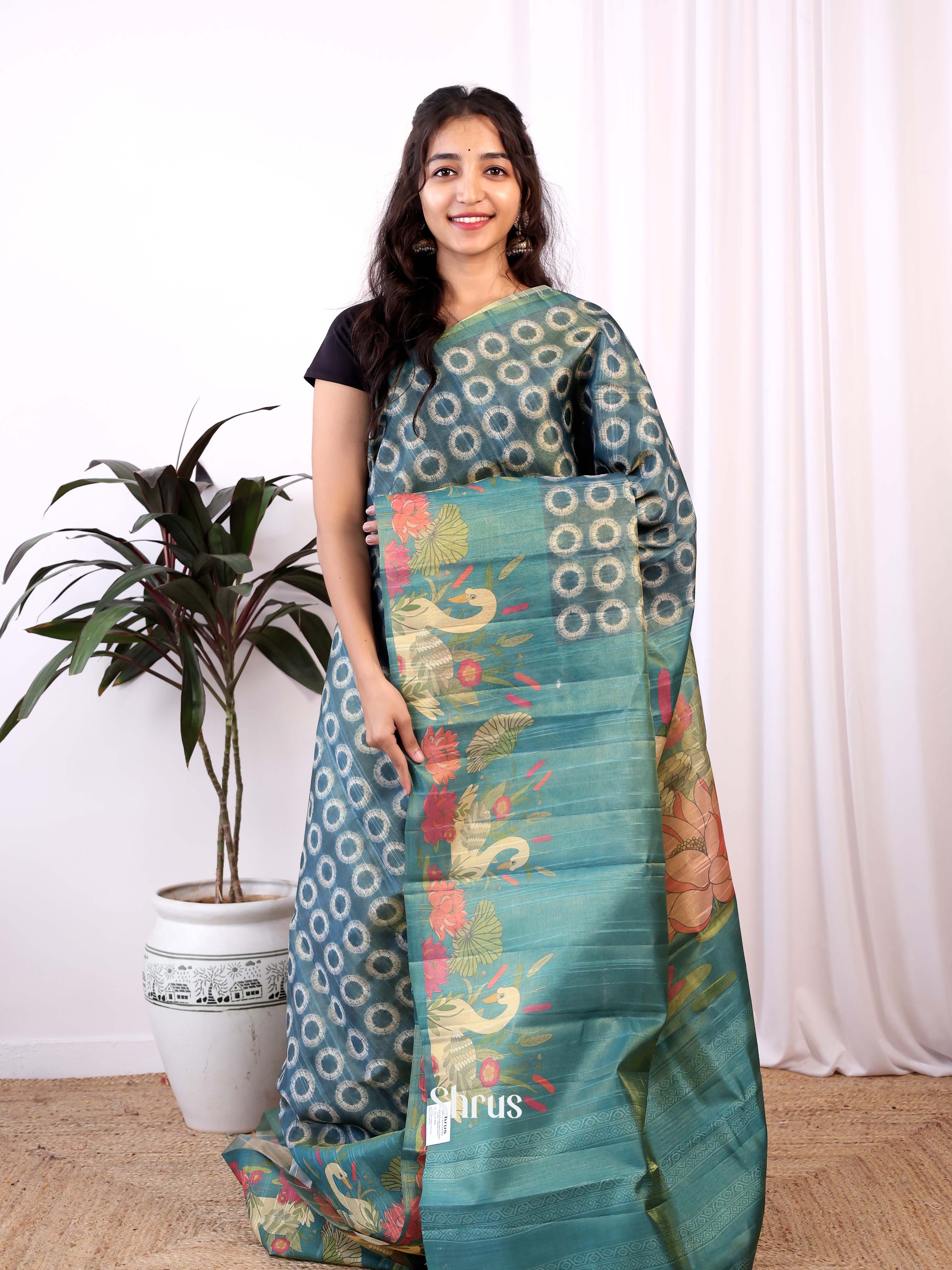Blue - Semi Tussar Saree - Shop on ShrusEternity.com