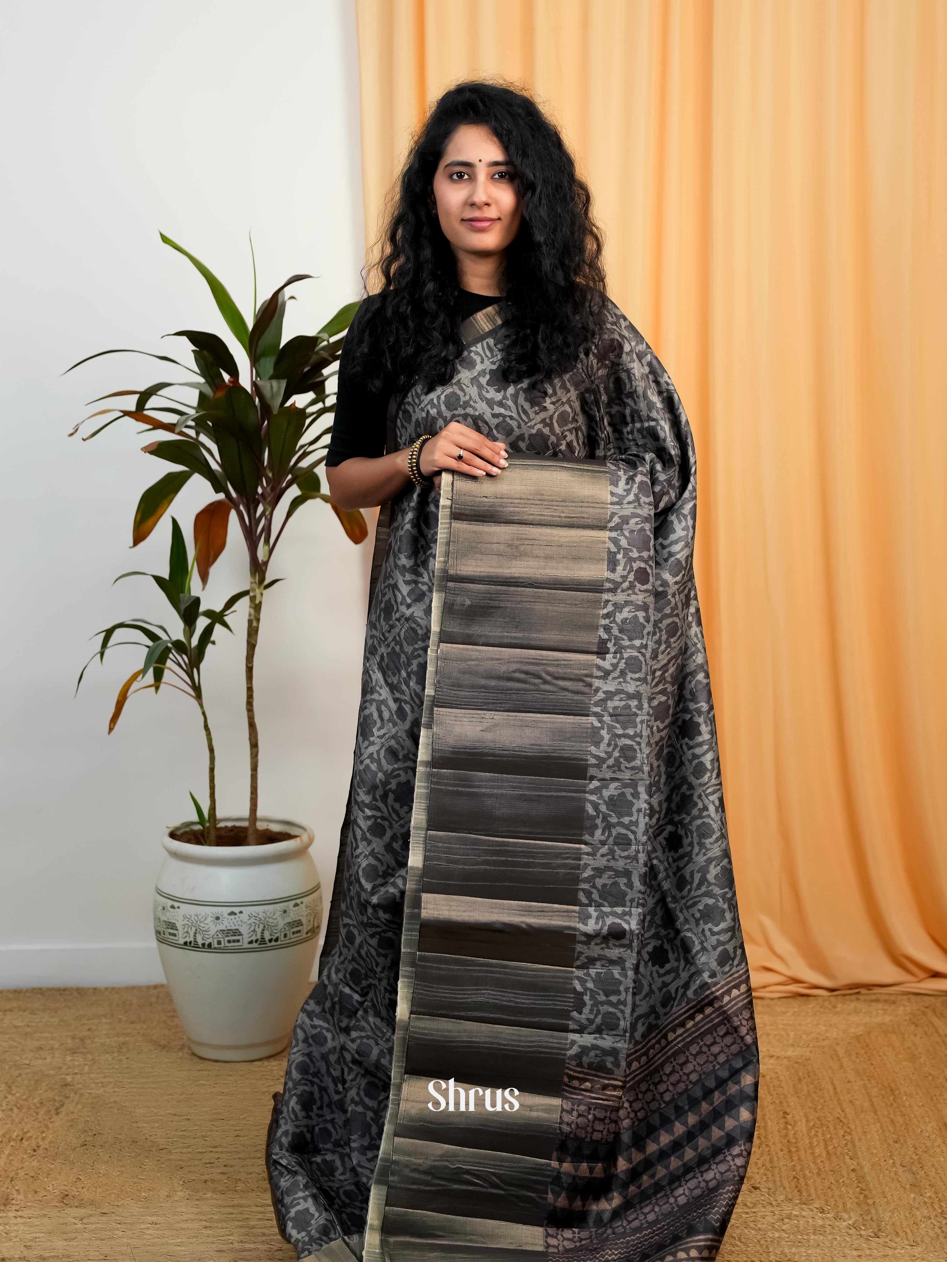 Grey & Black - Matka Cotton Saree - Shop on ShrusEternity.com