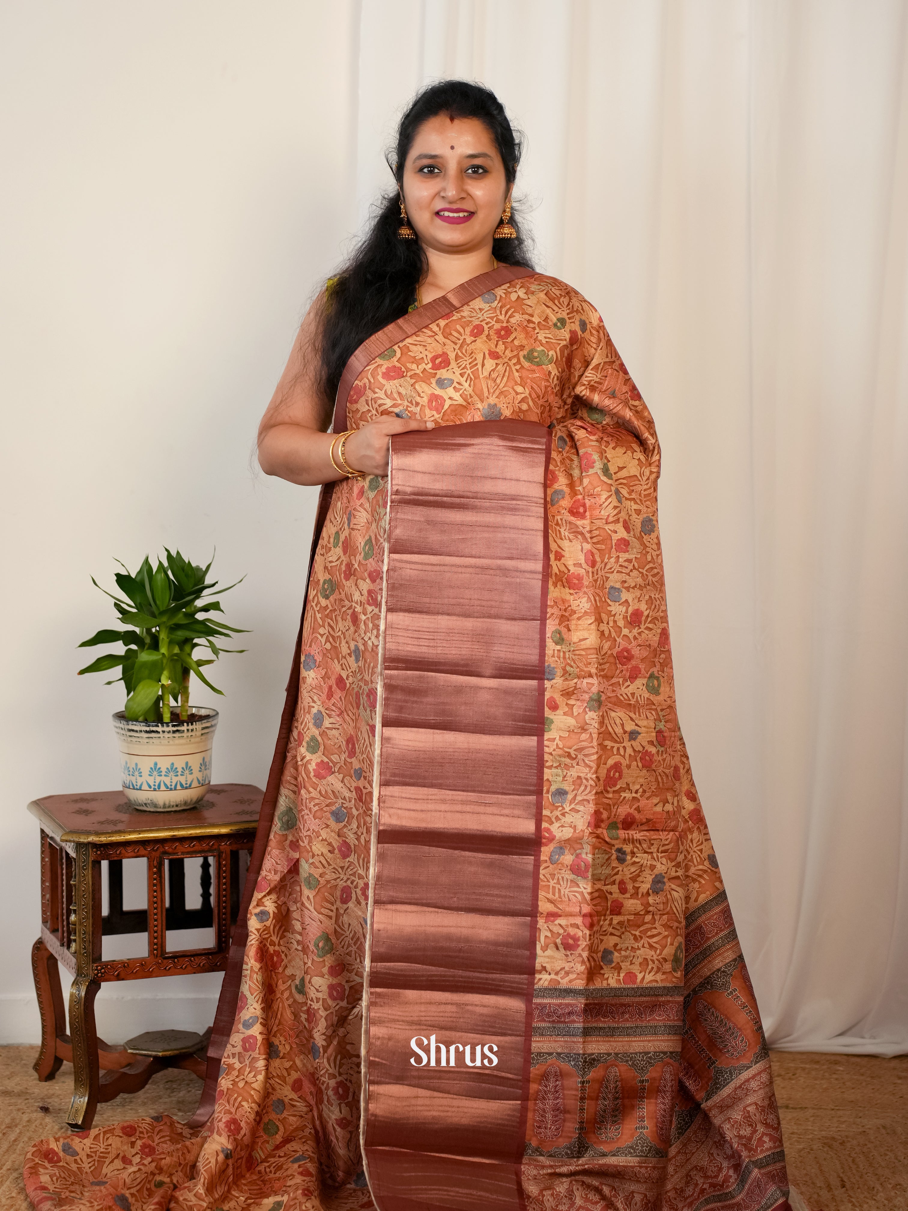Orange & Brown - Matka Cotton Saree - Shop on ShrusEternity.com