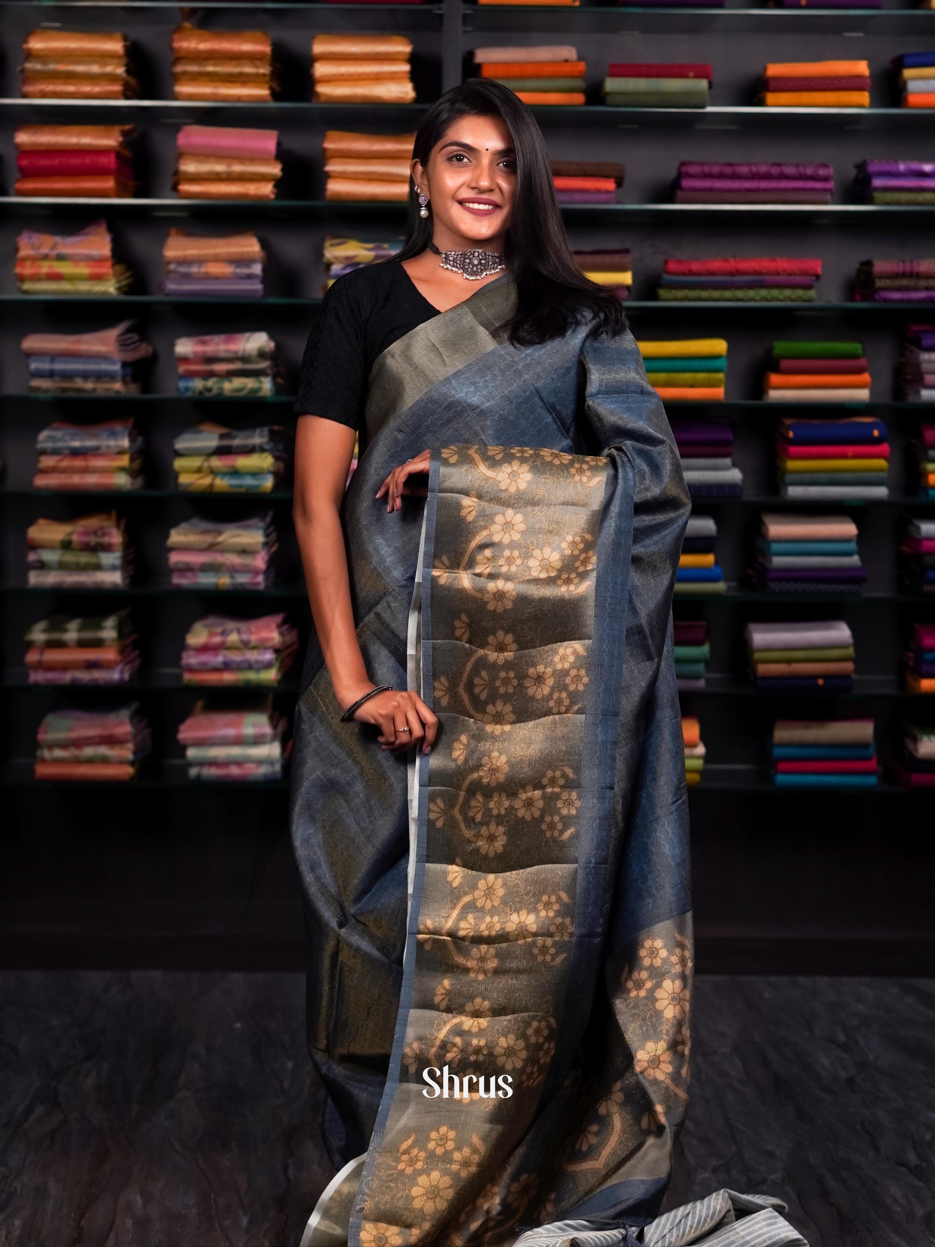 Glitterring Dark Grey Blue - matka Cotton Saree - Shop on ShrusEternity.com