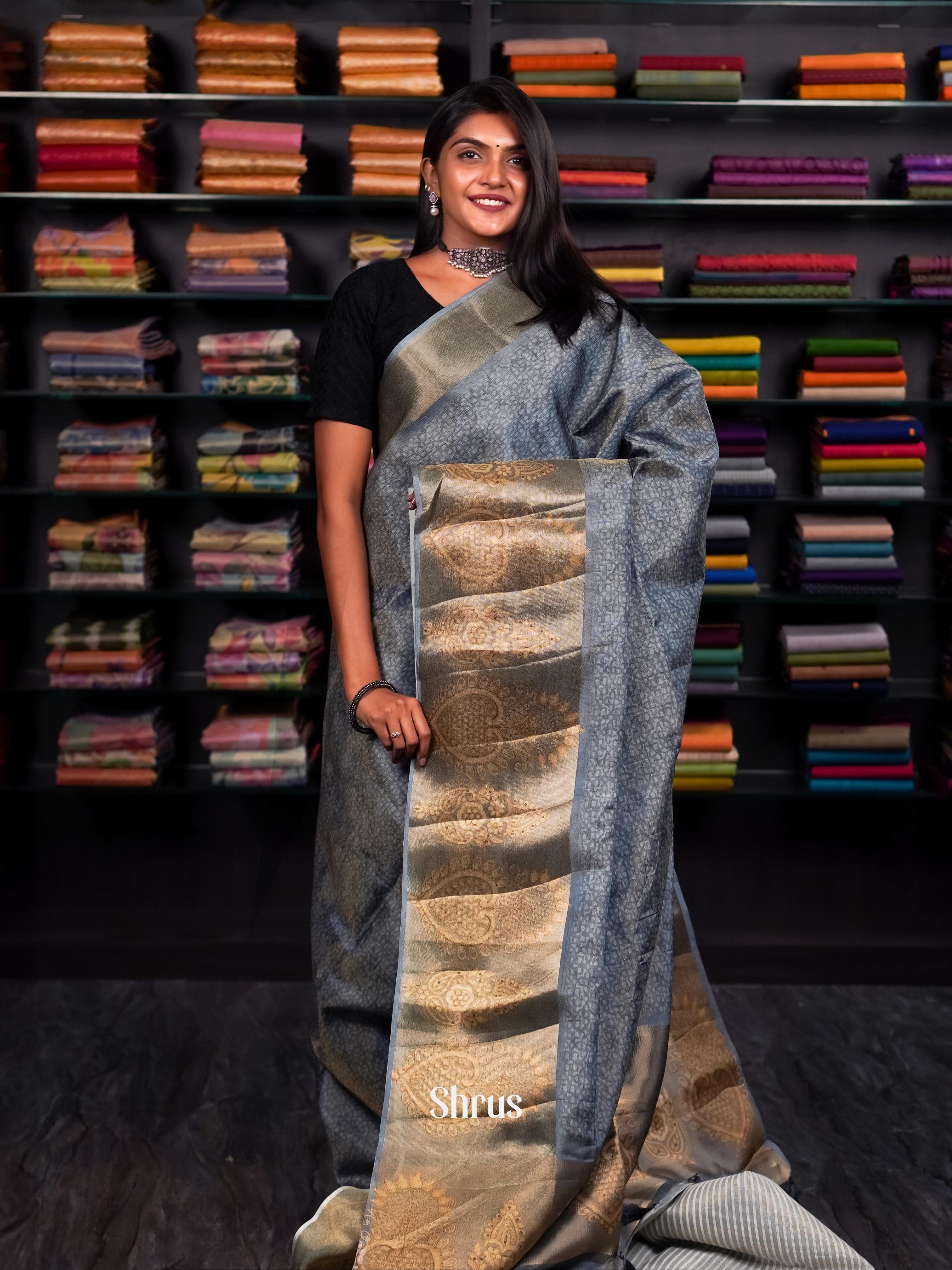 Gliter Grey & Golden Brown - matka Cotton Saree - Shop on ShrusEternity.com