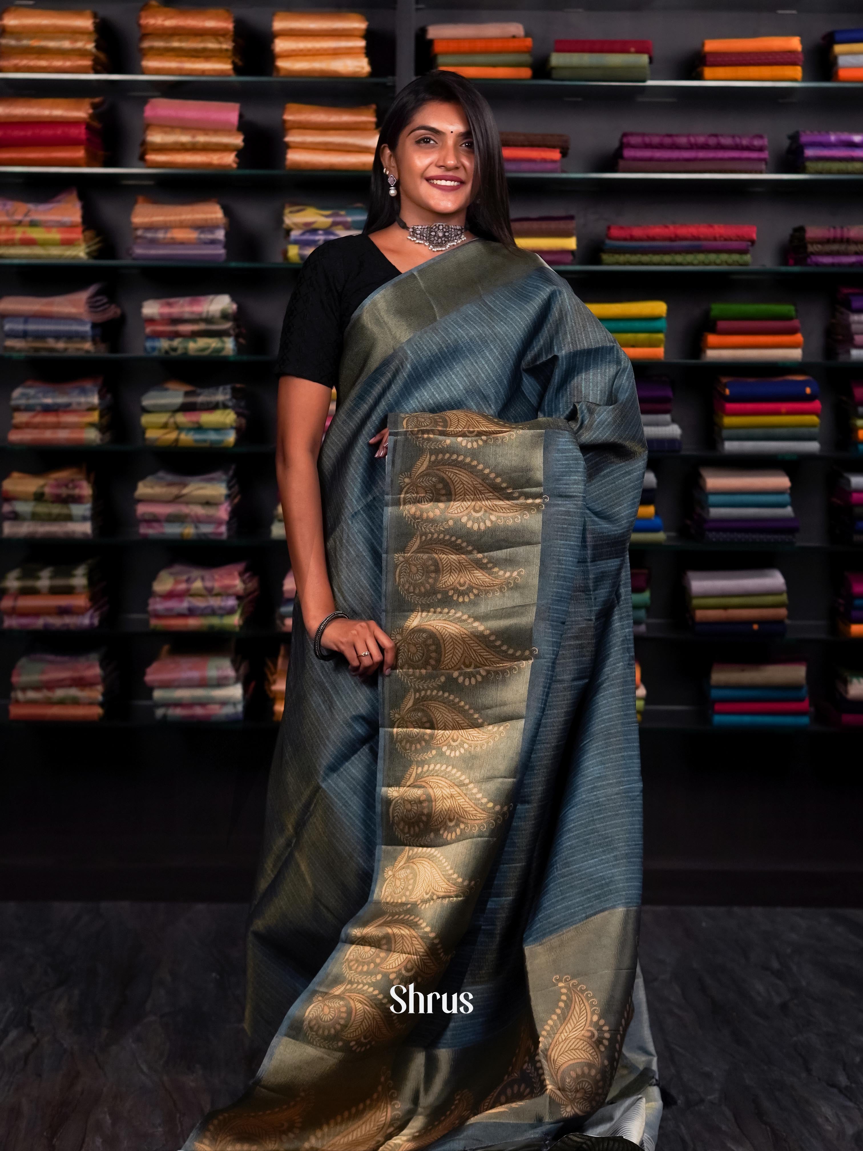 Glittering Ocean Blue - matka Cotton Saree - Shop on ShrusEternity.com