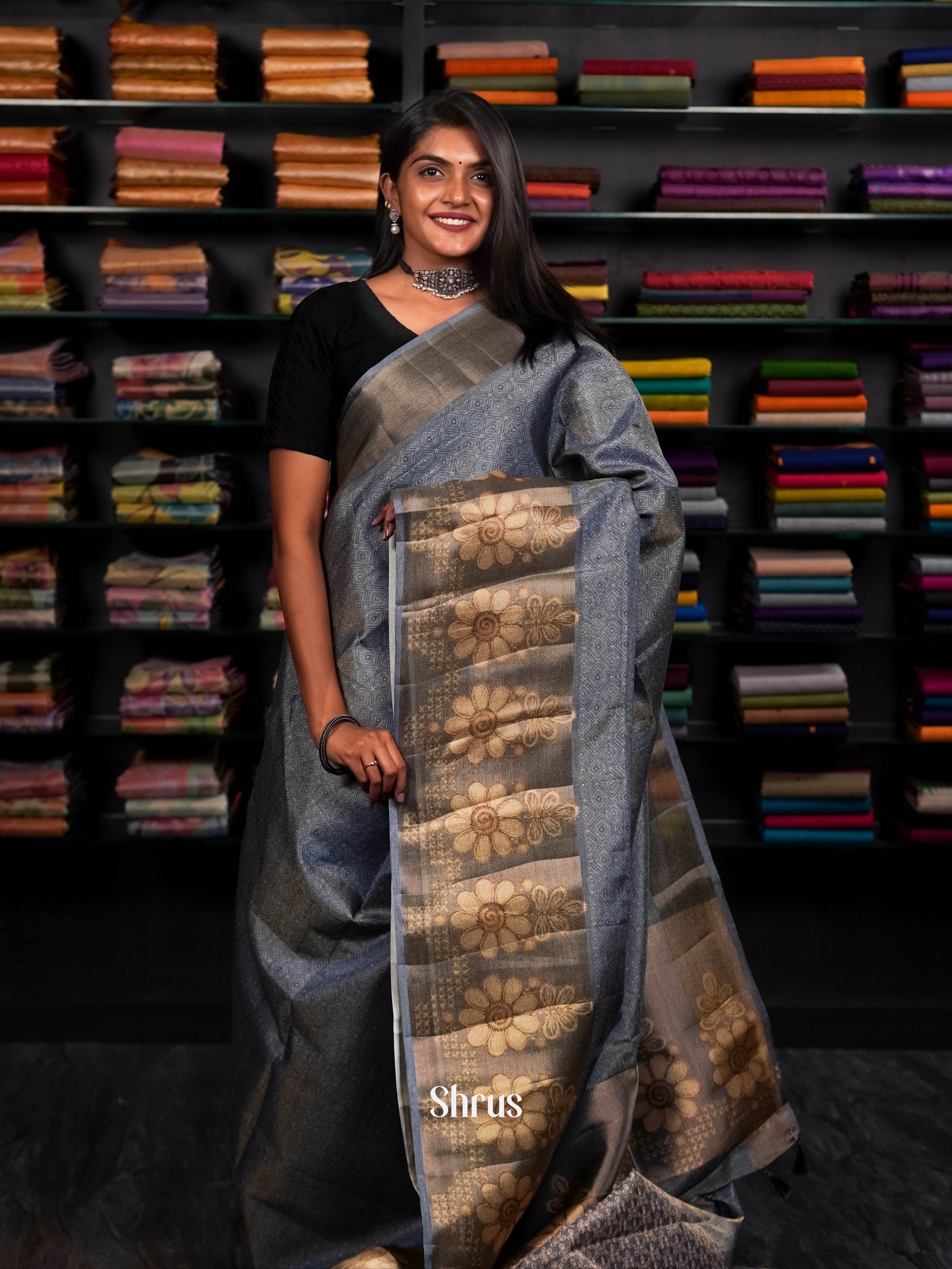 Grey - matka Cotton Saree - Shop on ShrusEternity.com