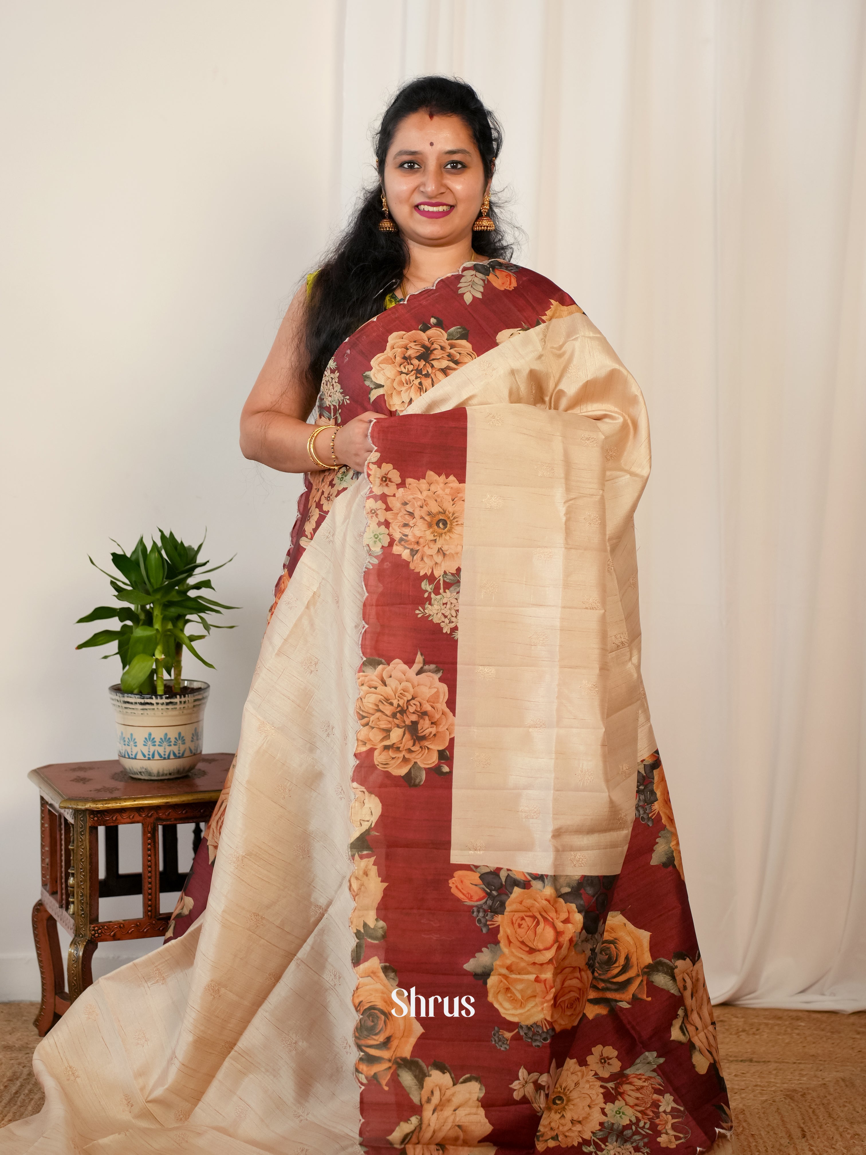 Cream & Red - Matka Cotton Saree - Shop on ShrusEternity.com