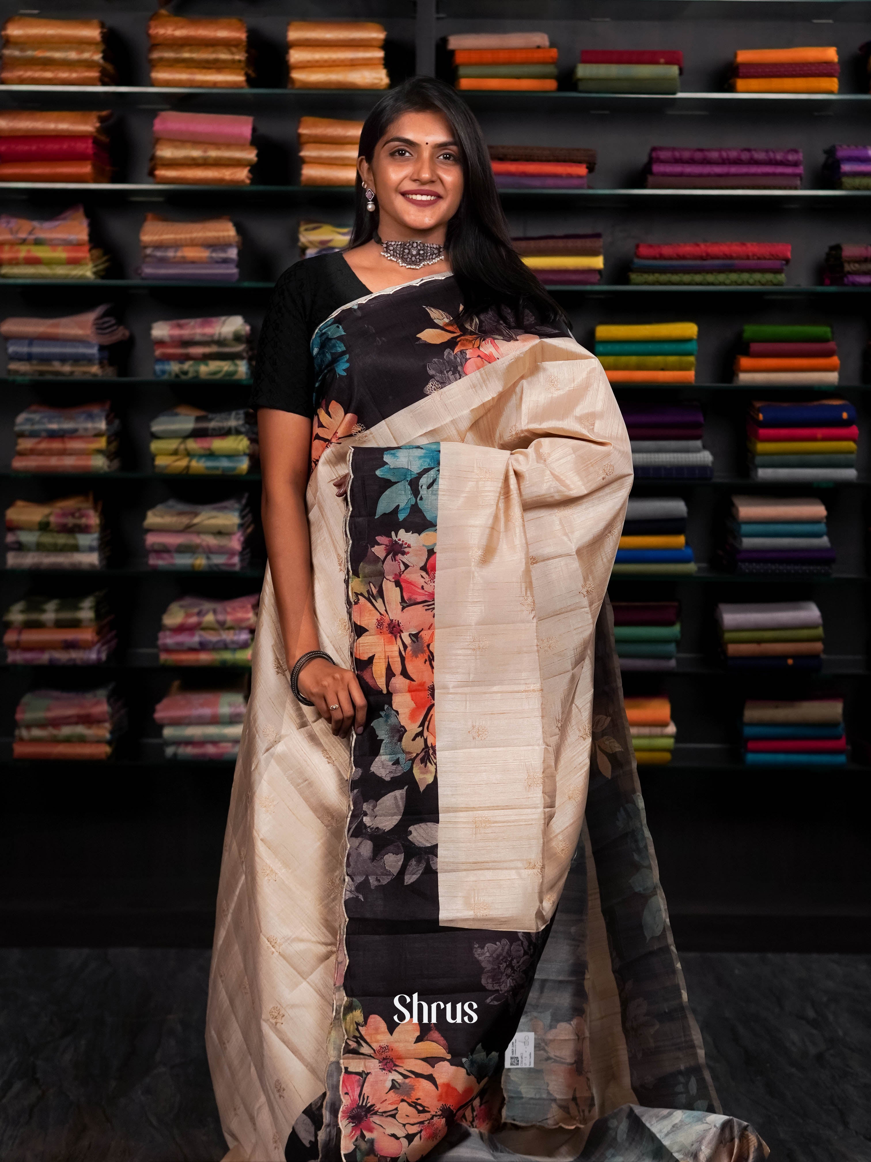 Cream & Black - matka Cotton Saree - Shop on ShrusEternity.com