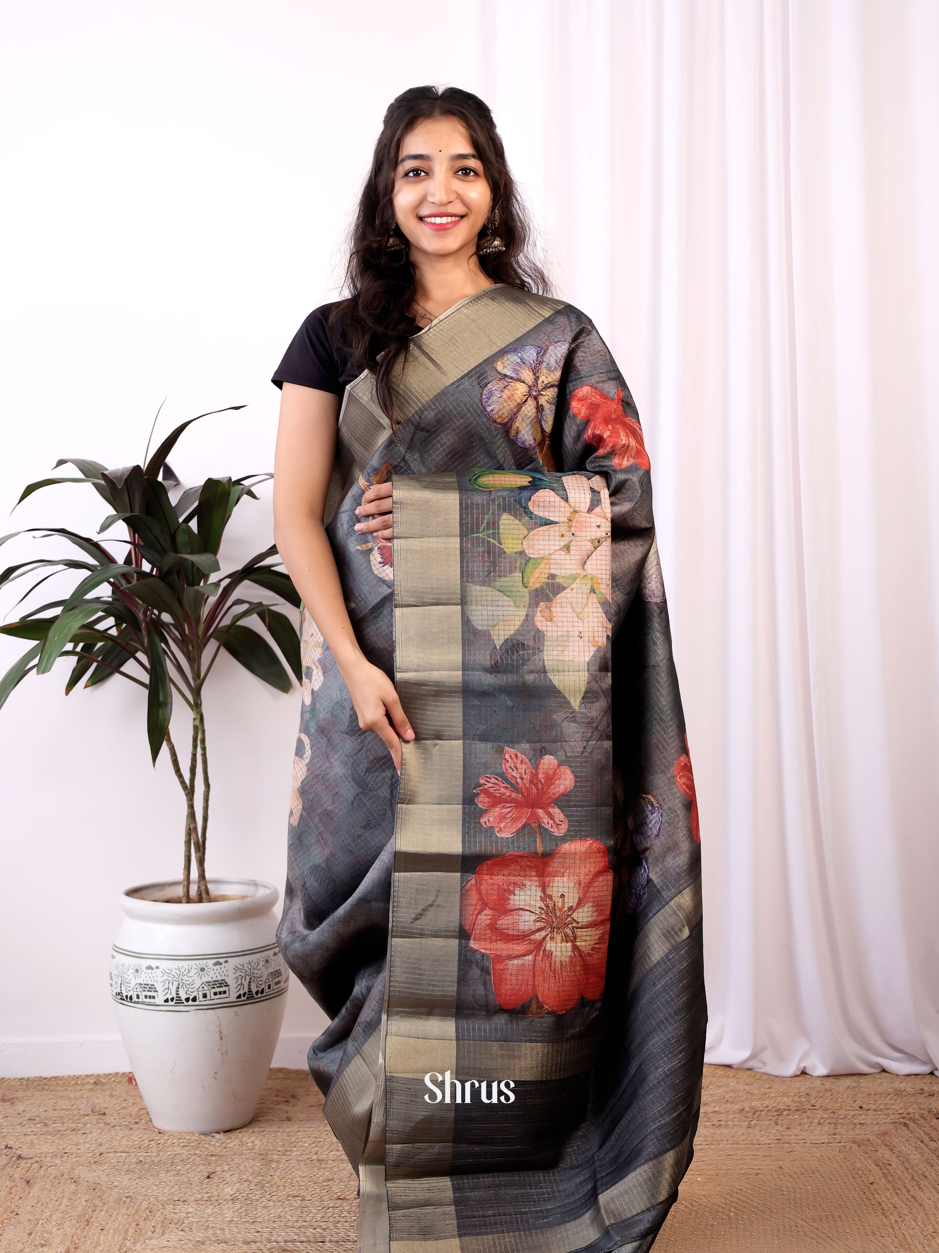 Black- Semi Tussar Saree - Shop on ShrusEternity.com