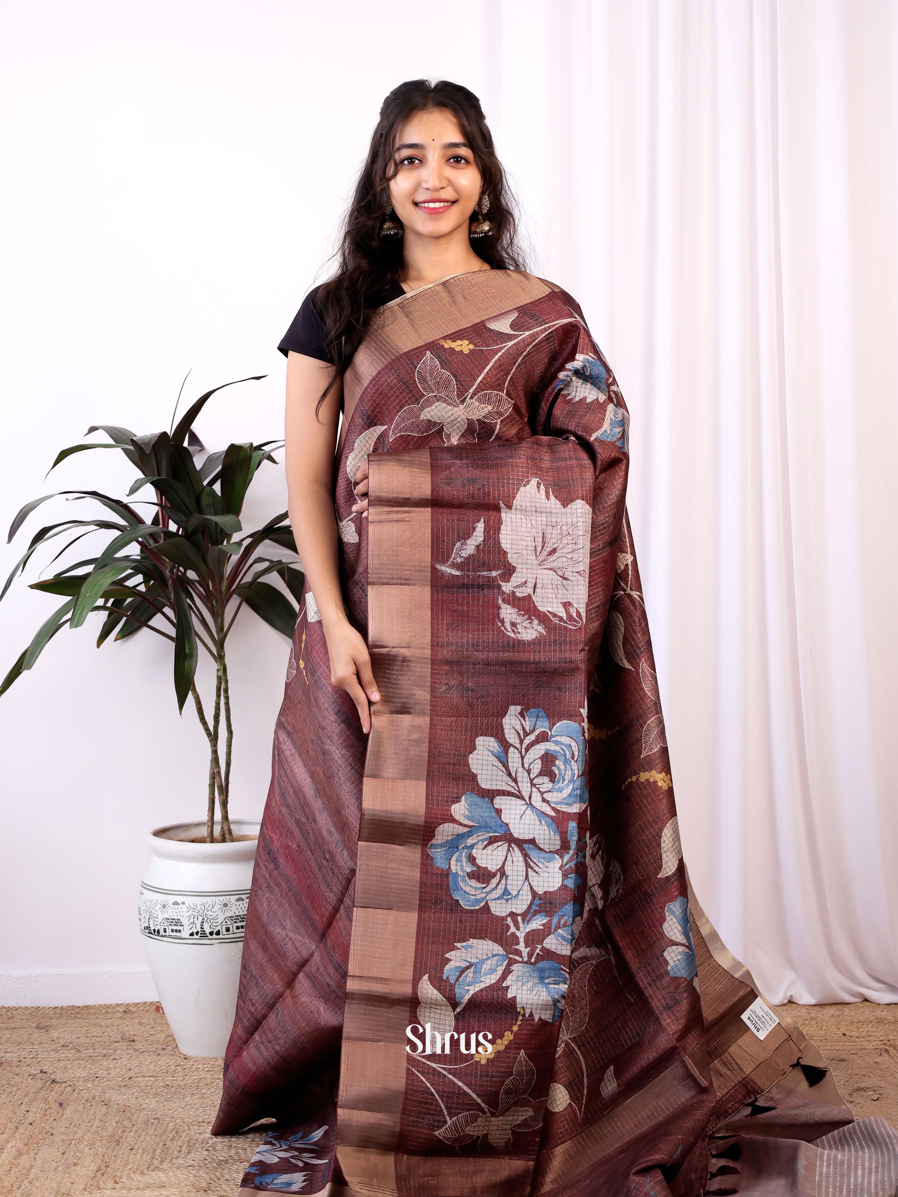 Brown - Semi Tussar Saree - Shop on ShrusEternity.com