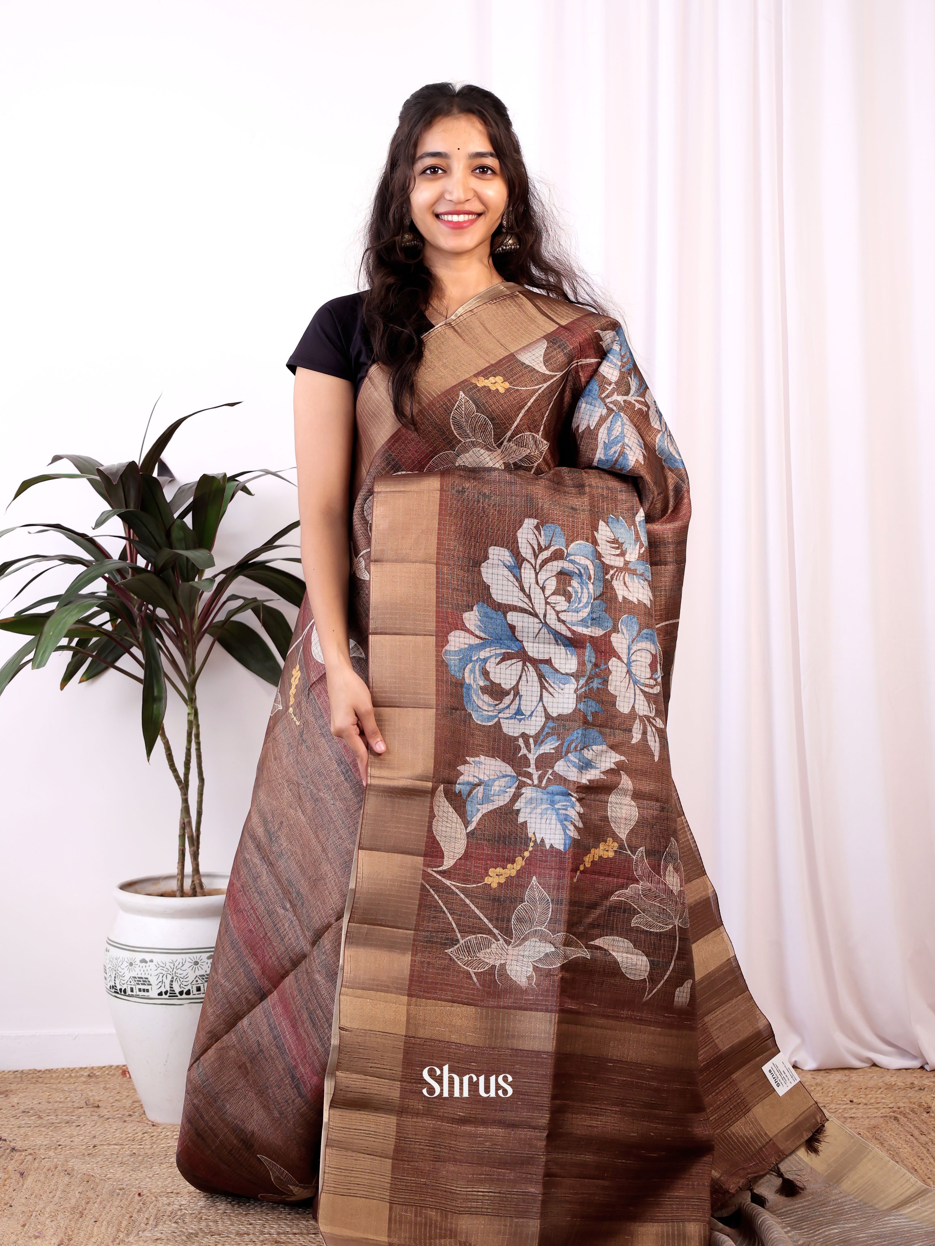 Brown - Semi Tussar Saree - Shop on ShrusEternity.com