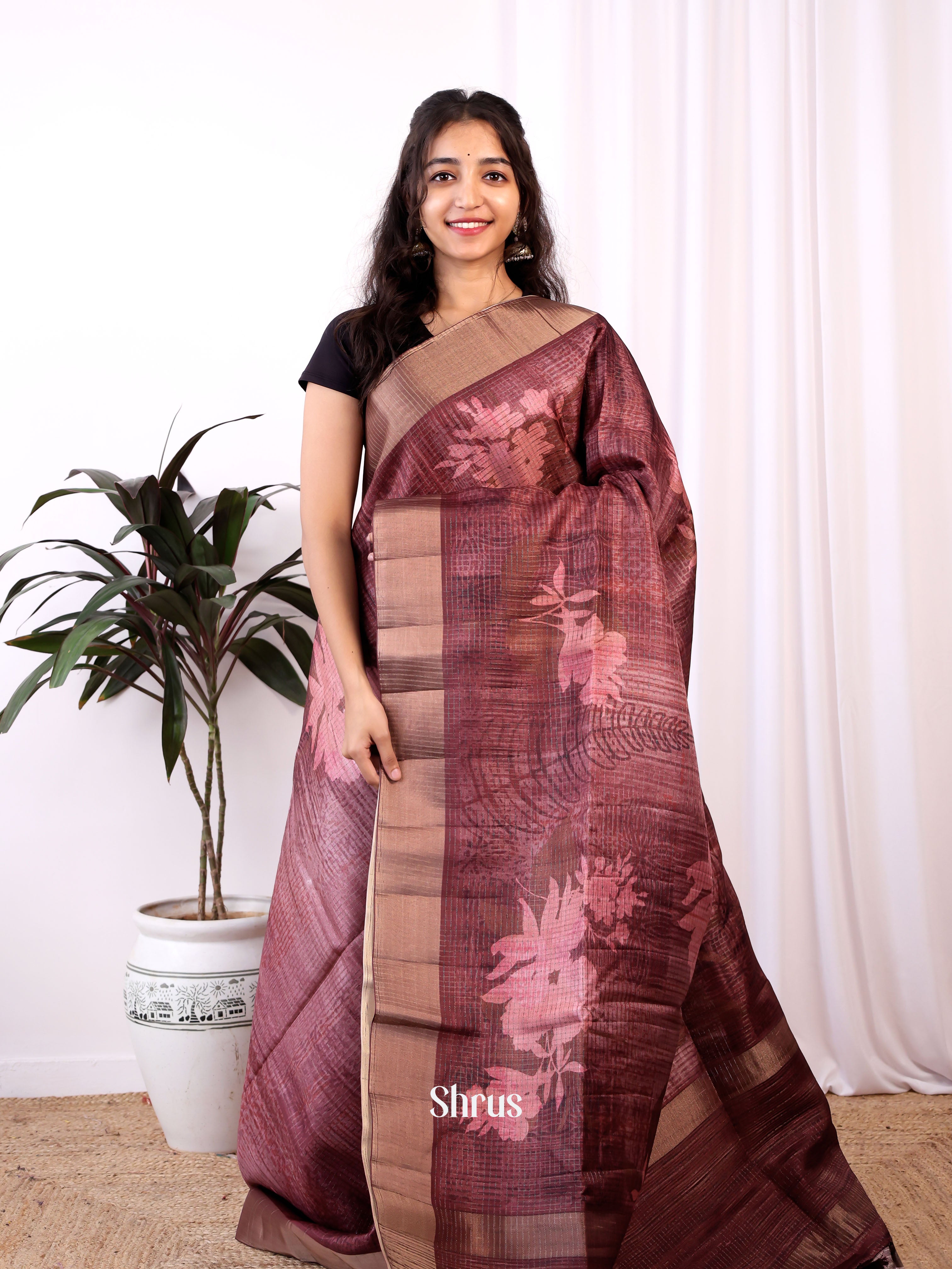 Brown - Semi Tussar Saree - Shop on ShrusEternity.com