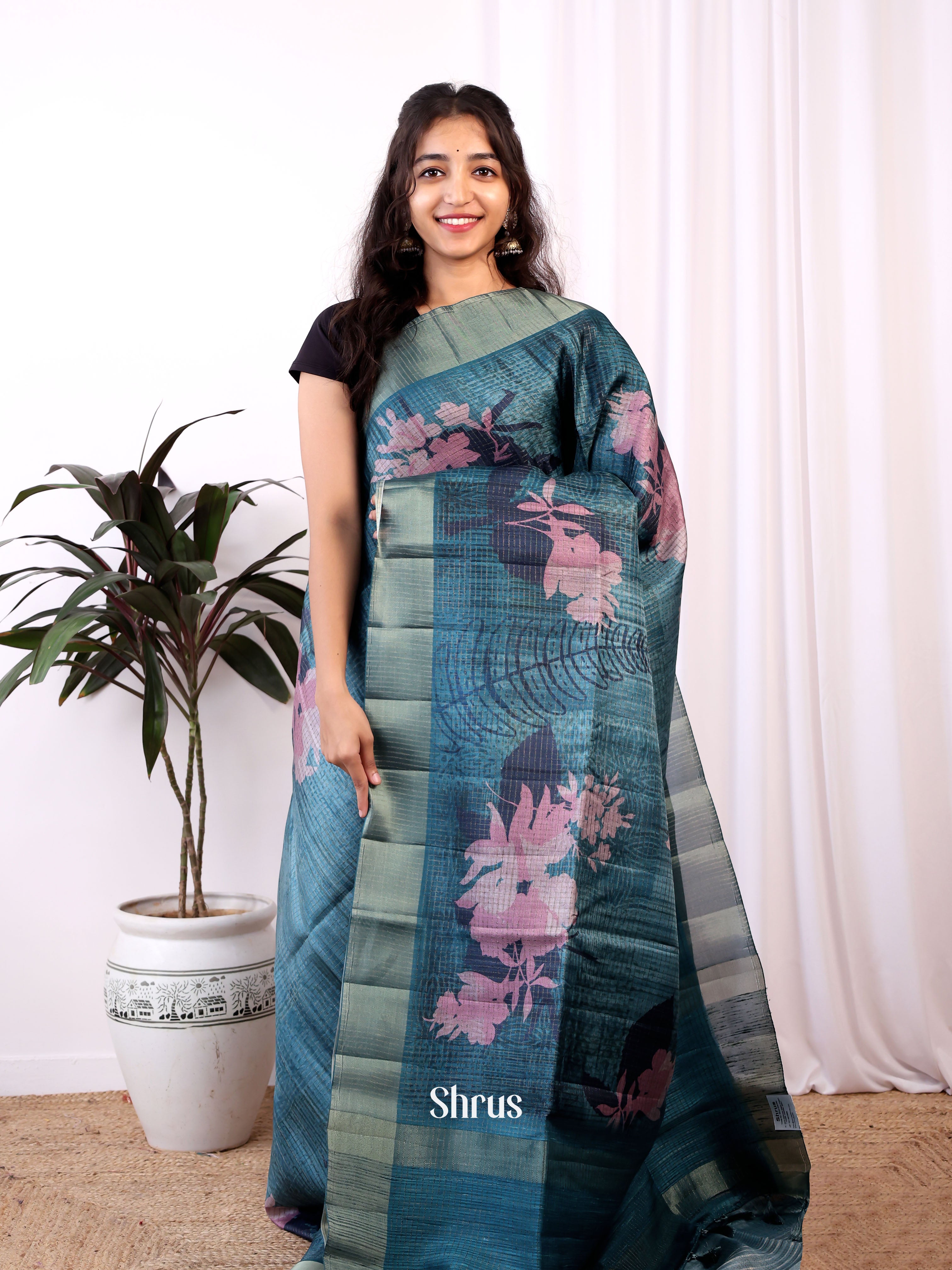 Blue - Semi Tussar Saree - Shop on ShrusEternity.com