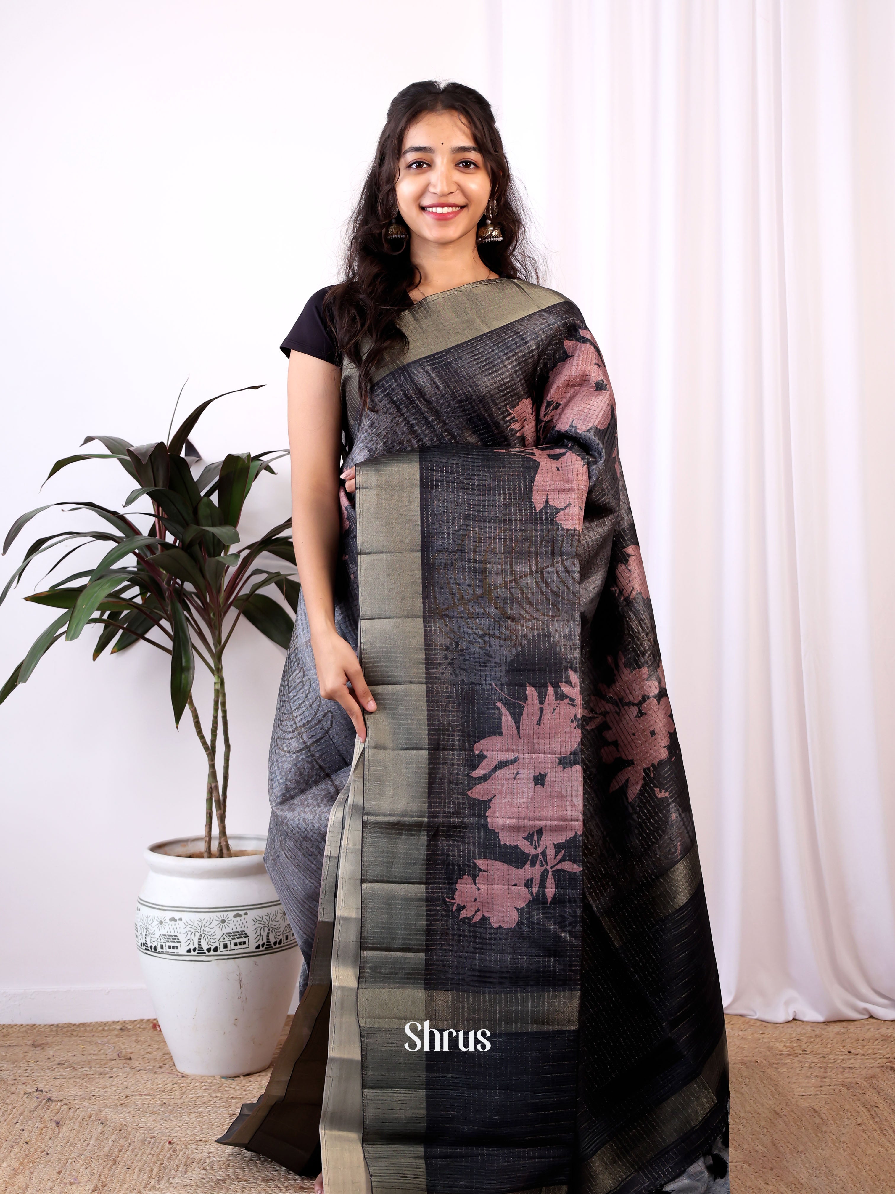 Black - Semi Tussar Saree - Shop on ShrusEternity.com