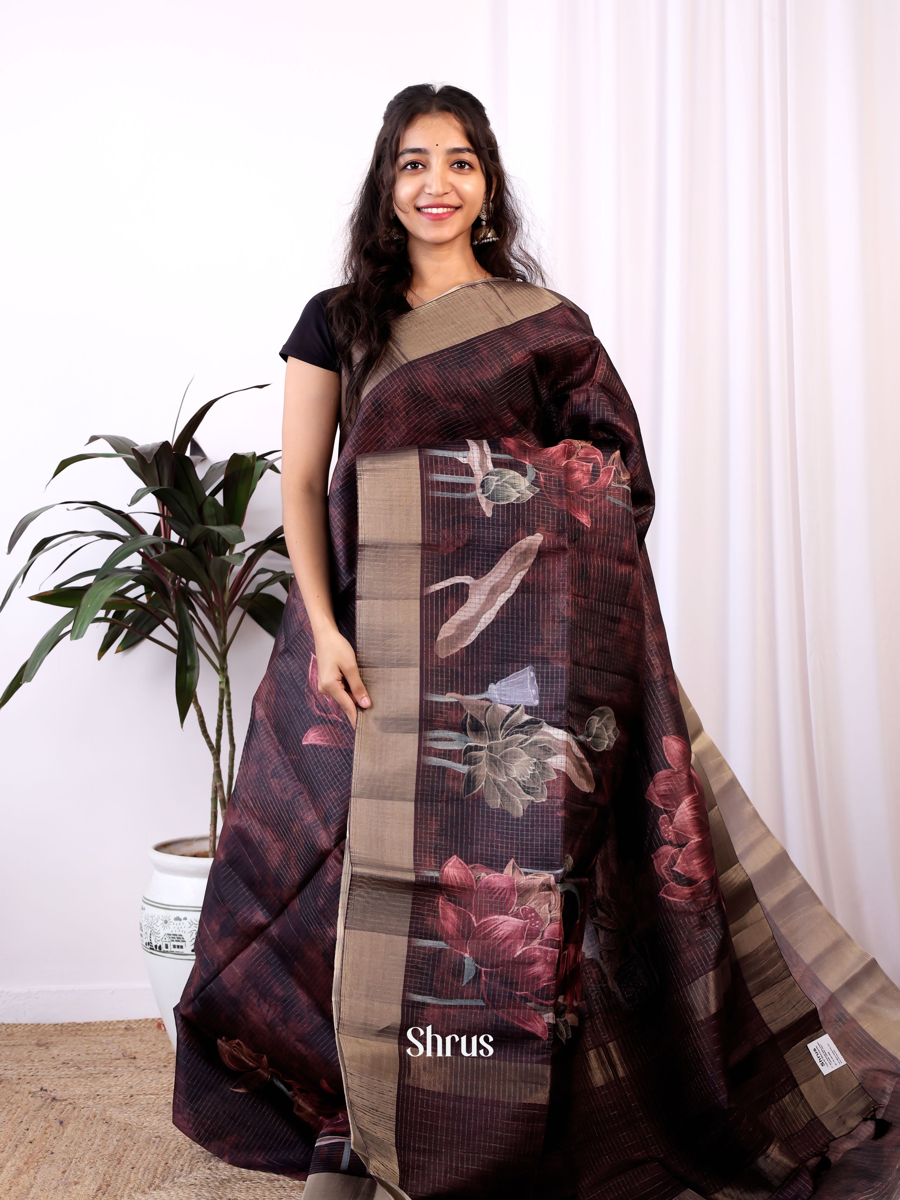 Brown - Semi Tussar Saree - Shop on ShrusEternity.com
