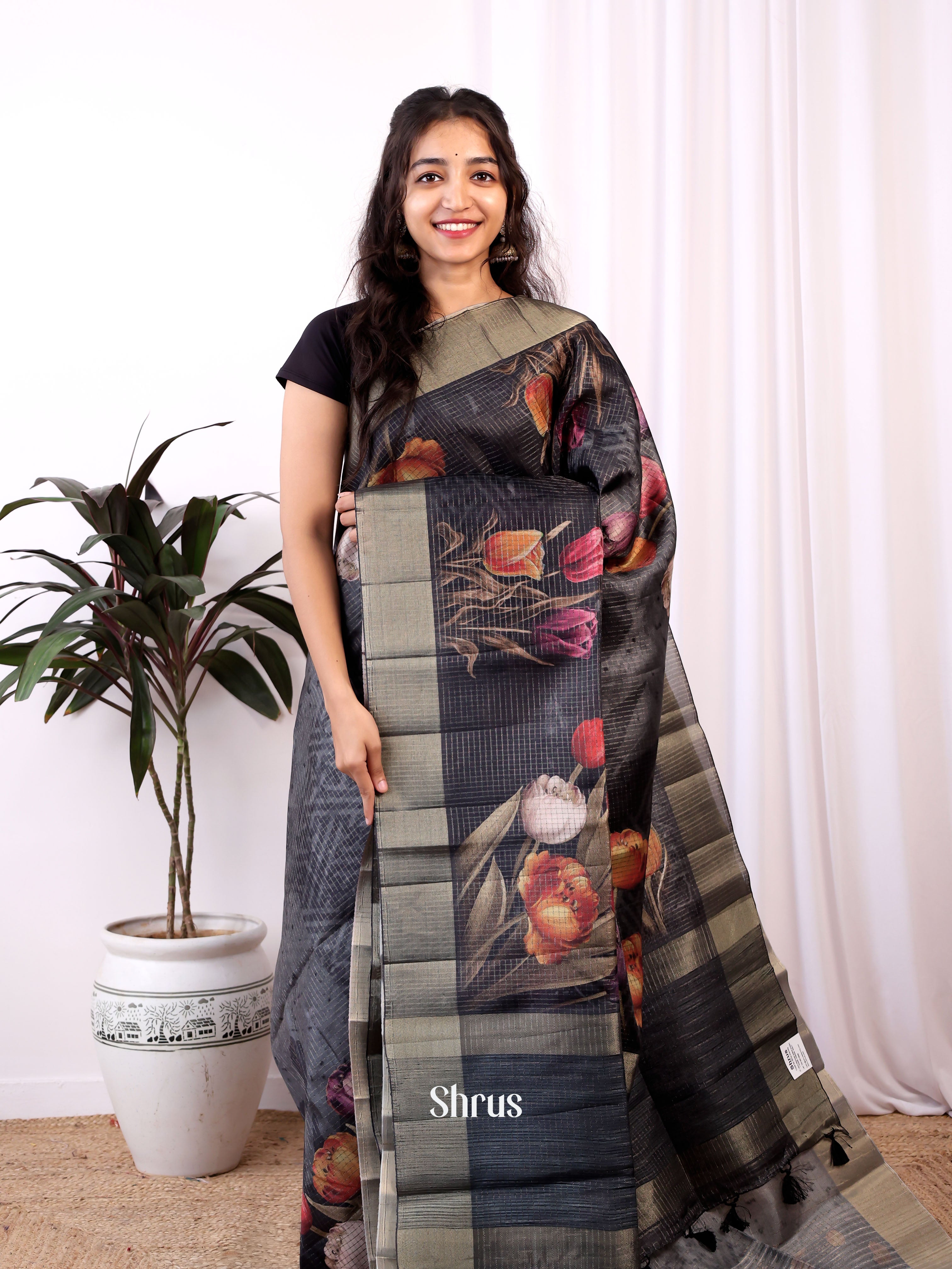 Black - Semi Tussar Saree - Shop on ShrusEternity.com