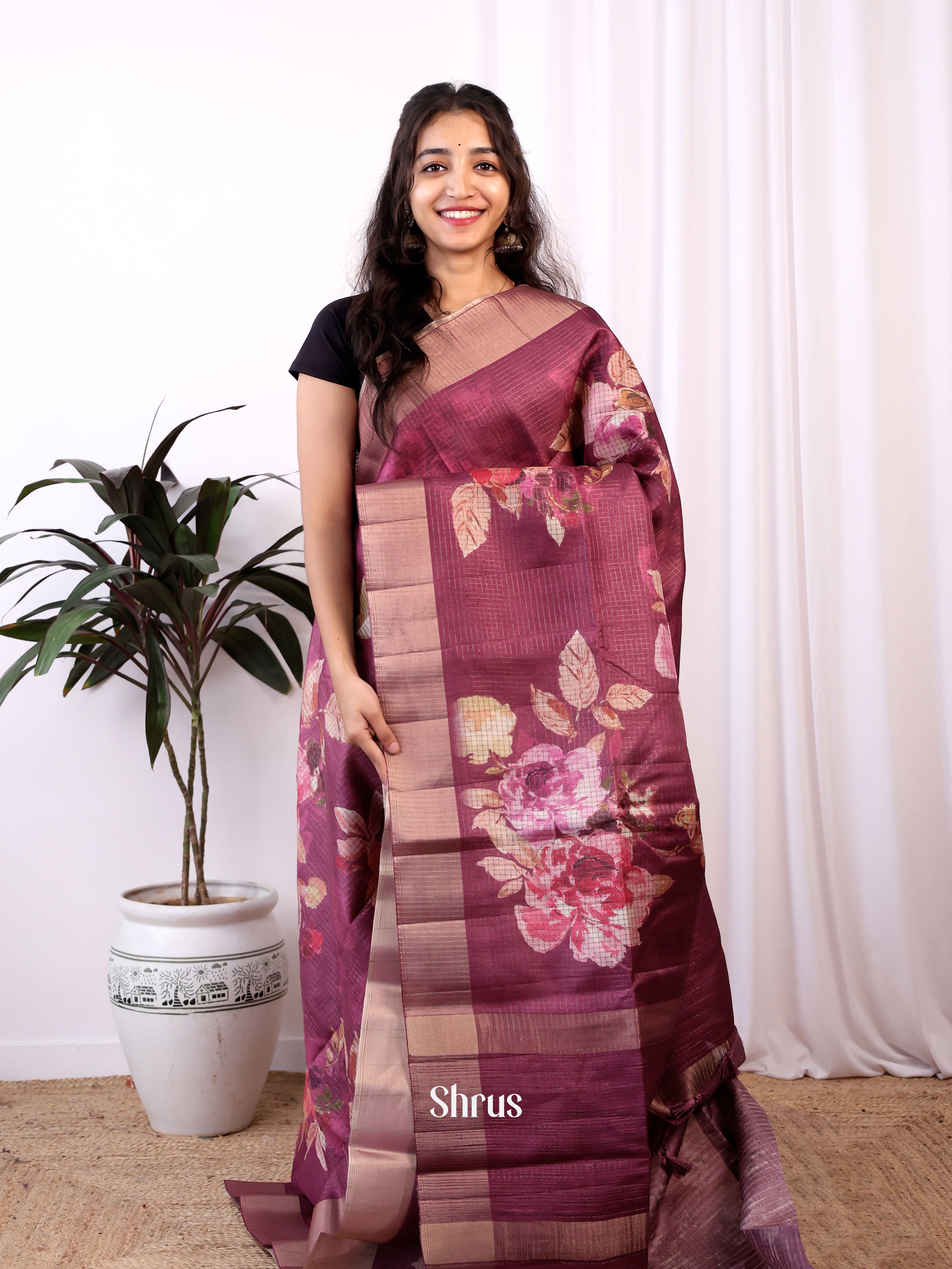 Wine - Semi Tussar Saree - Shop on ShrusEternity.com