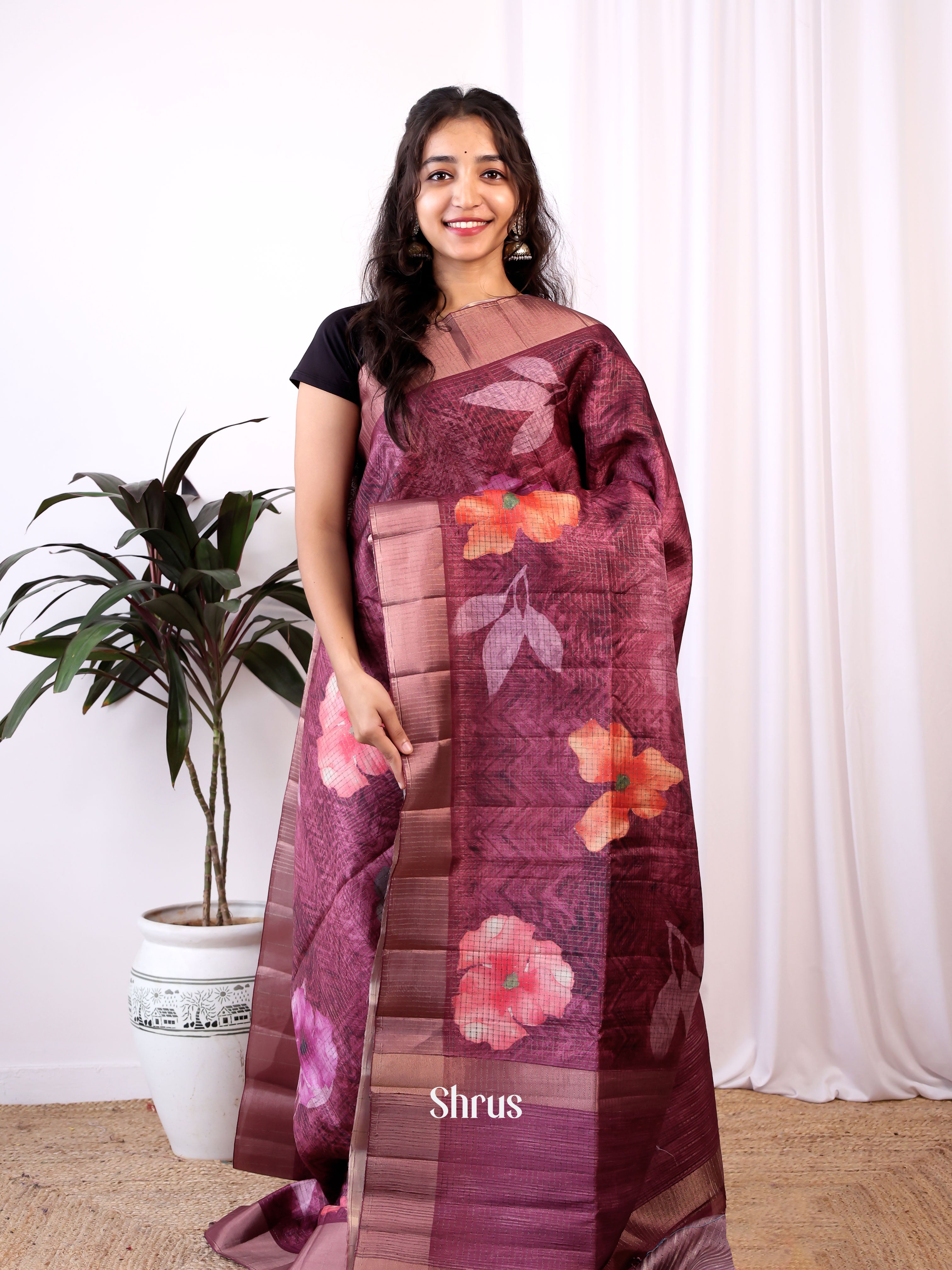 WIne- Semi Tussar Saree - Shop on ShrusEternity.com