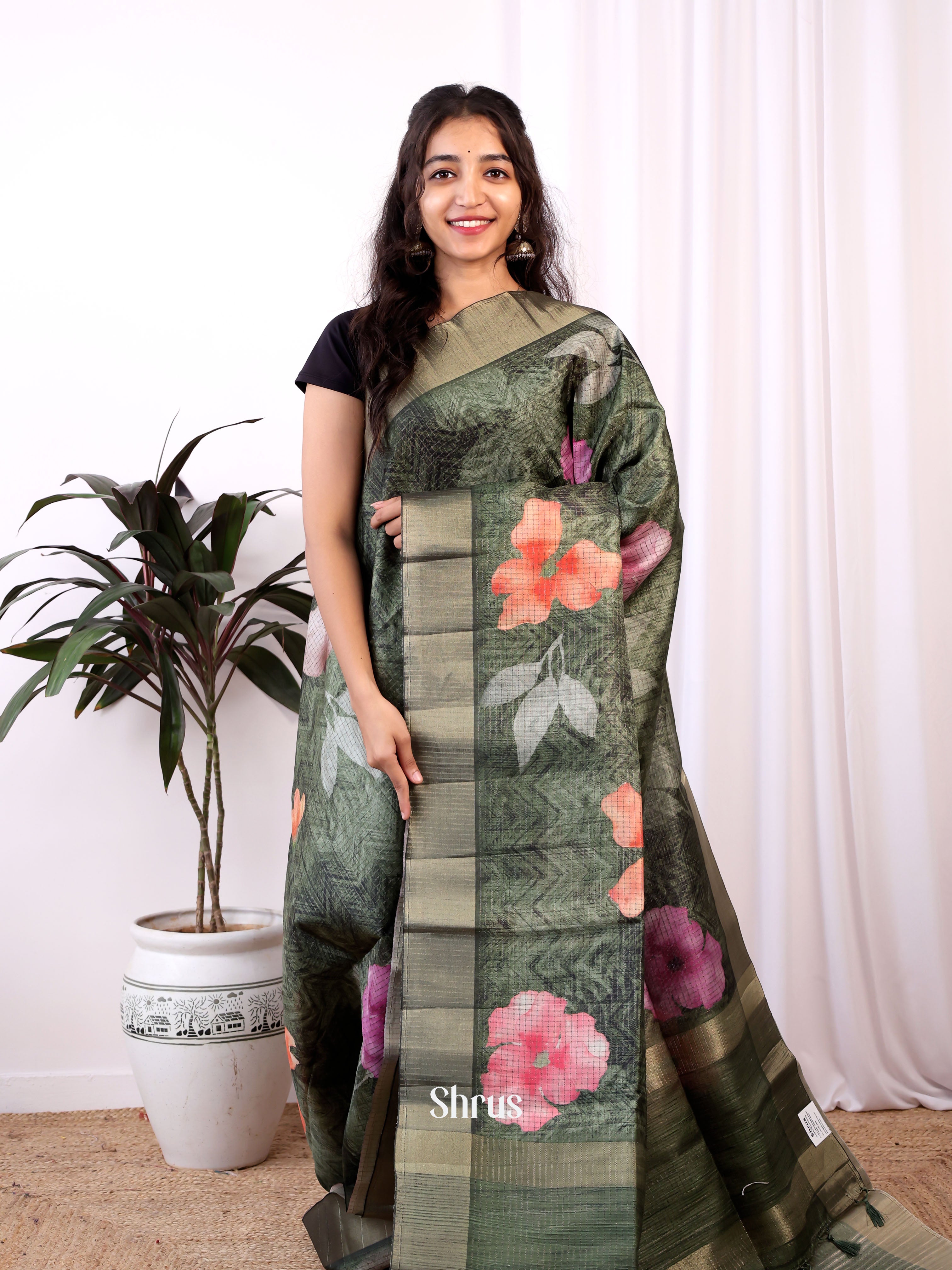 Green - Semi Tussar Saree - Shop on ShrusEternity.com