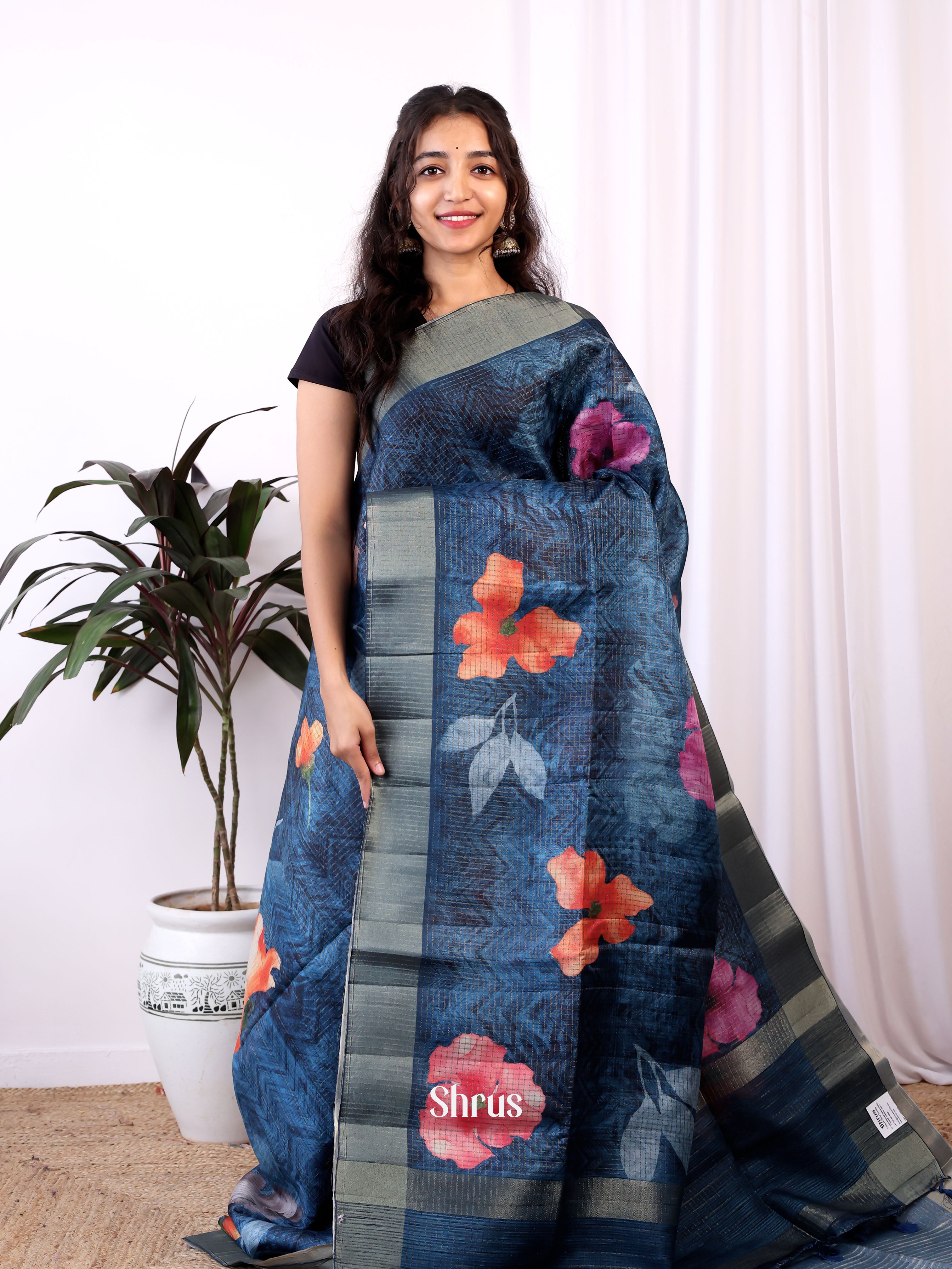 Blue - Semi Tussar Saree - Shop on ShrusEternity.com