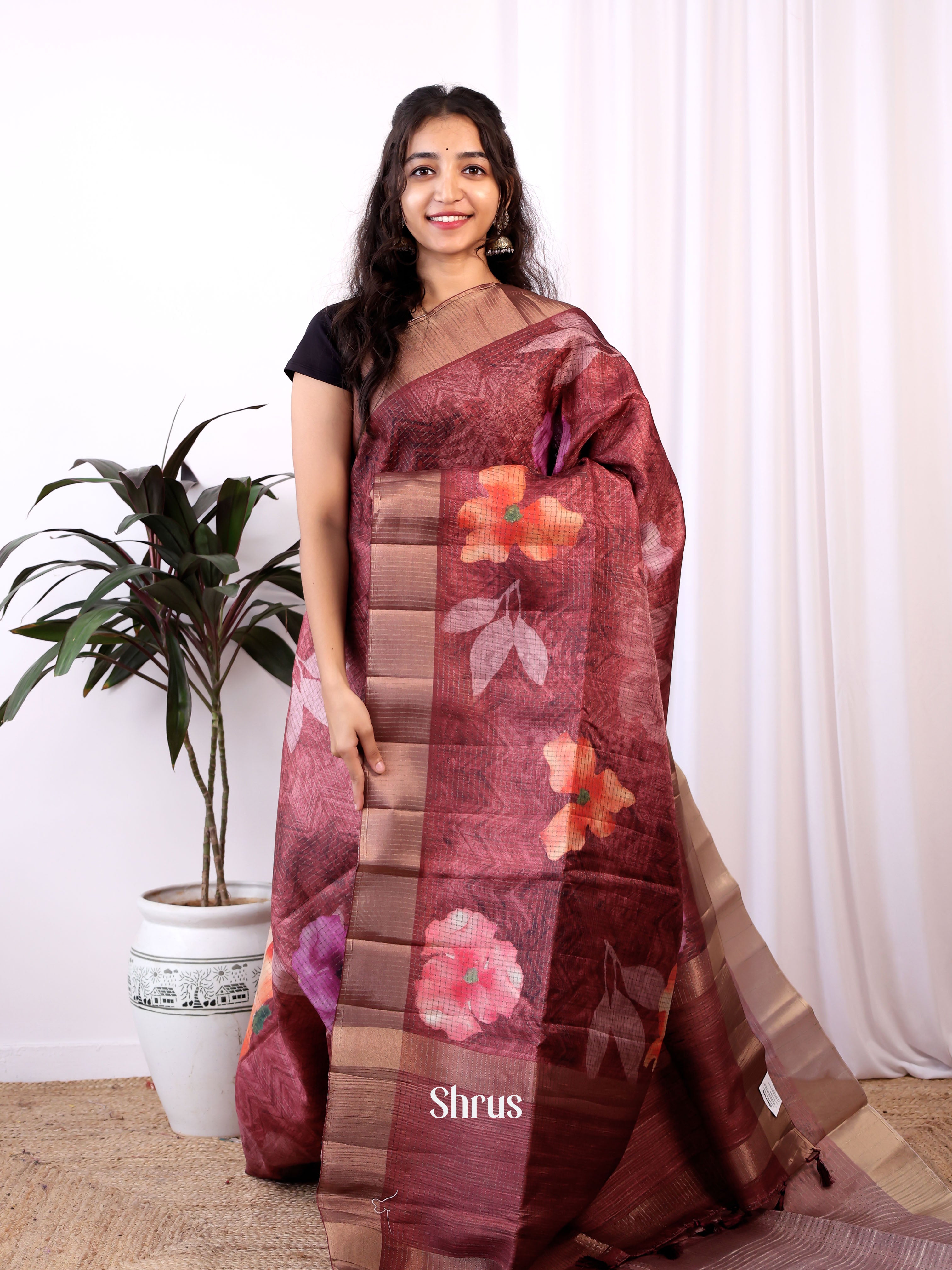 Brown - Semi Tussar Saree - Shop on ShrusEternity.com