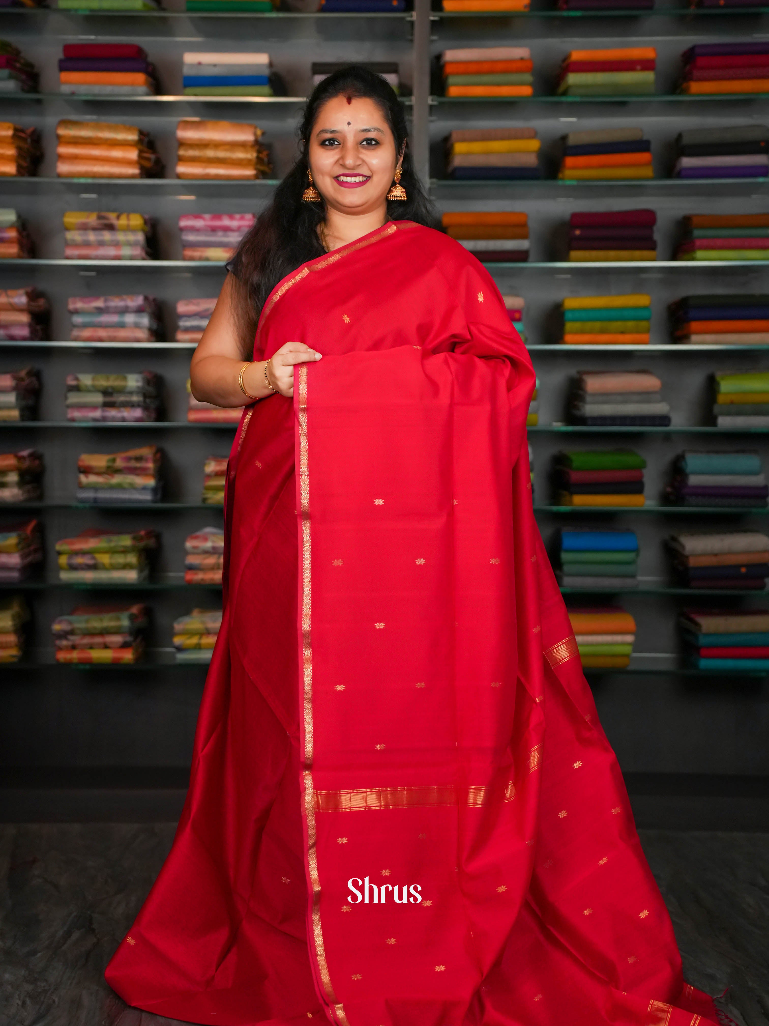 Red - Maheshwari silkcotton Saree - Shop on ShrusEternity.com