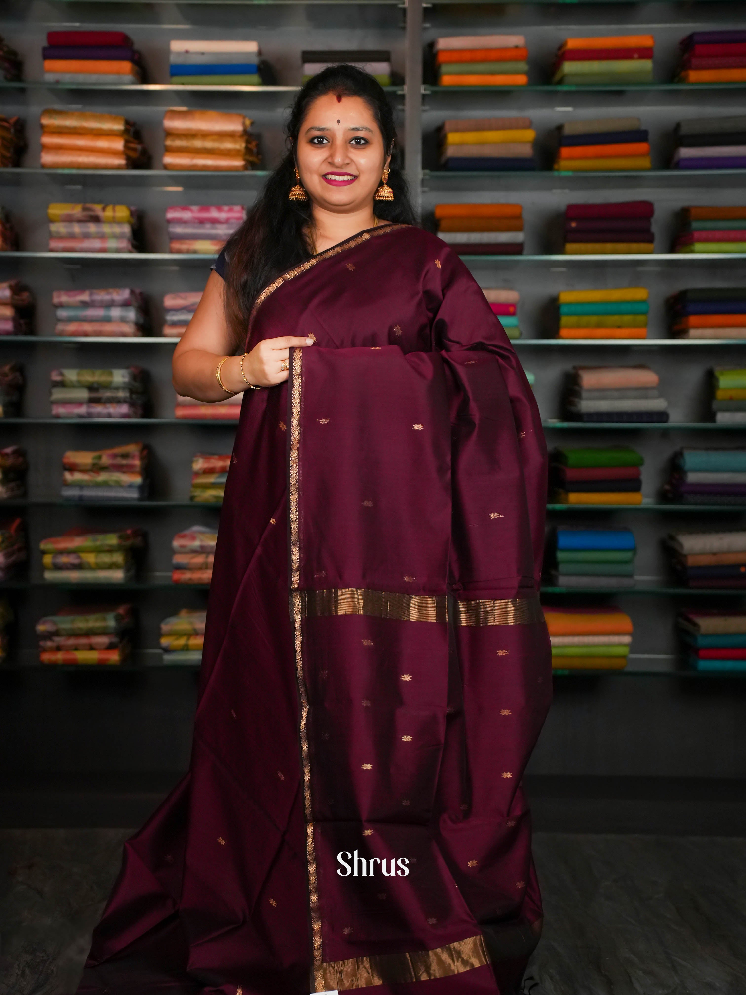 Deep wine Maheshwari silkcotton Saree - Shop on ShrusEternity.com
