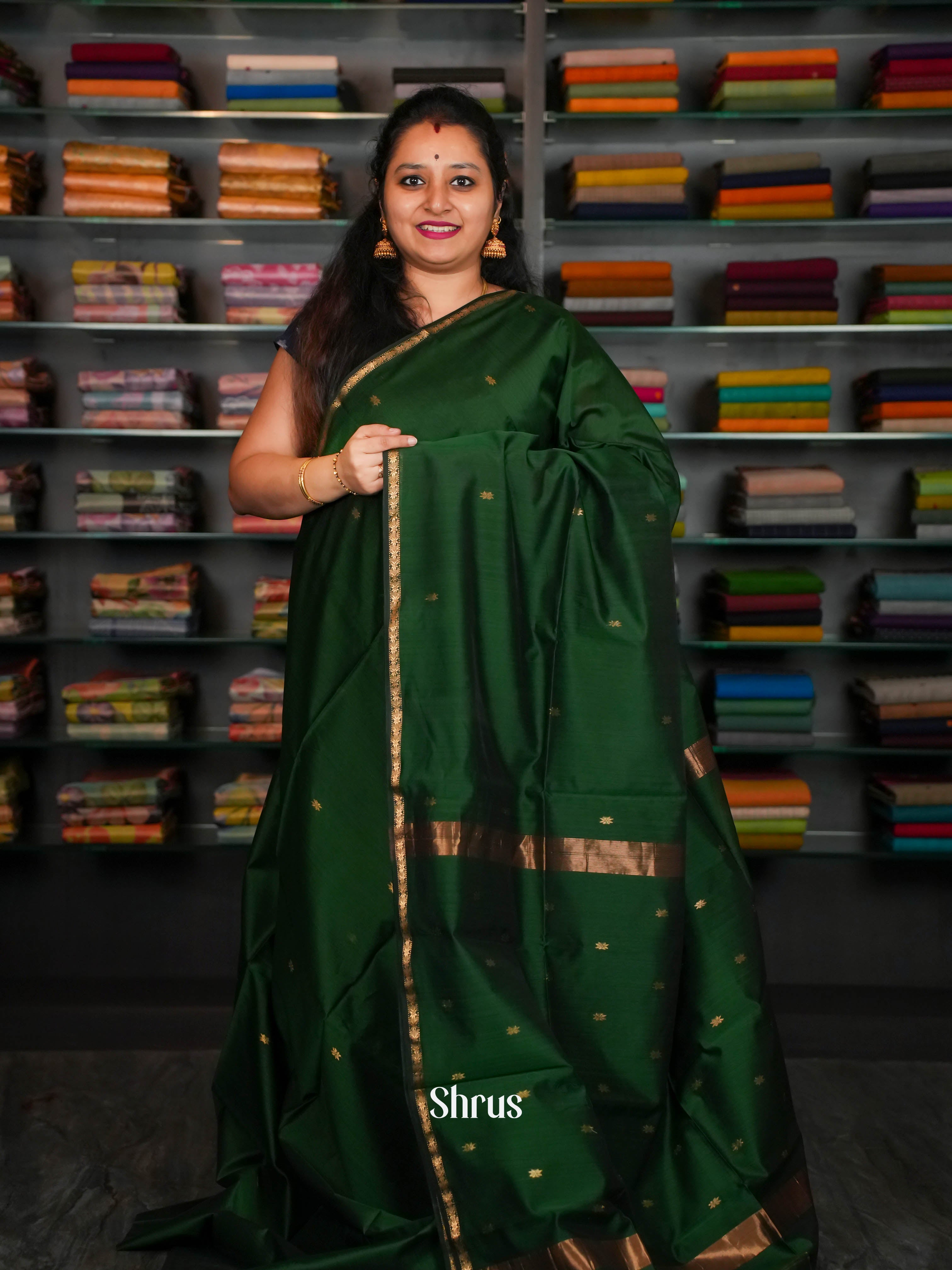 Green - Maheshwari silkcotton Saree - Shop on ShrusEternity.com