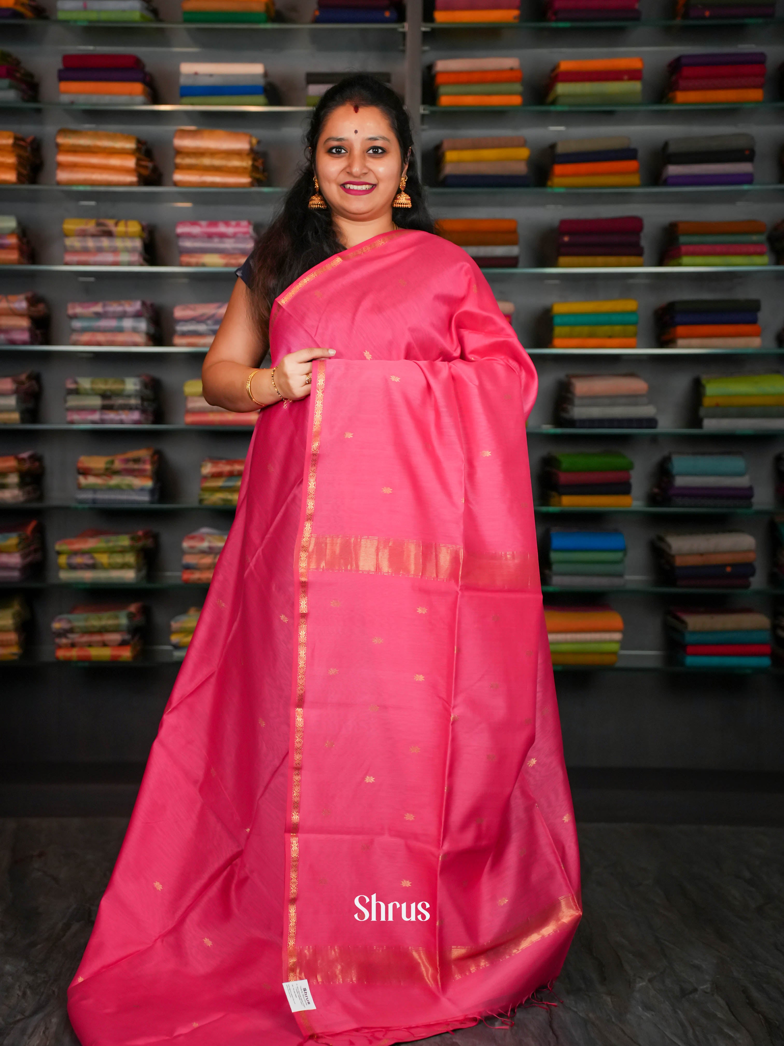 Pink Maheshwari silkcotton Saree - Shop on ShrusEternity.com