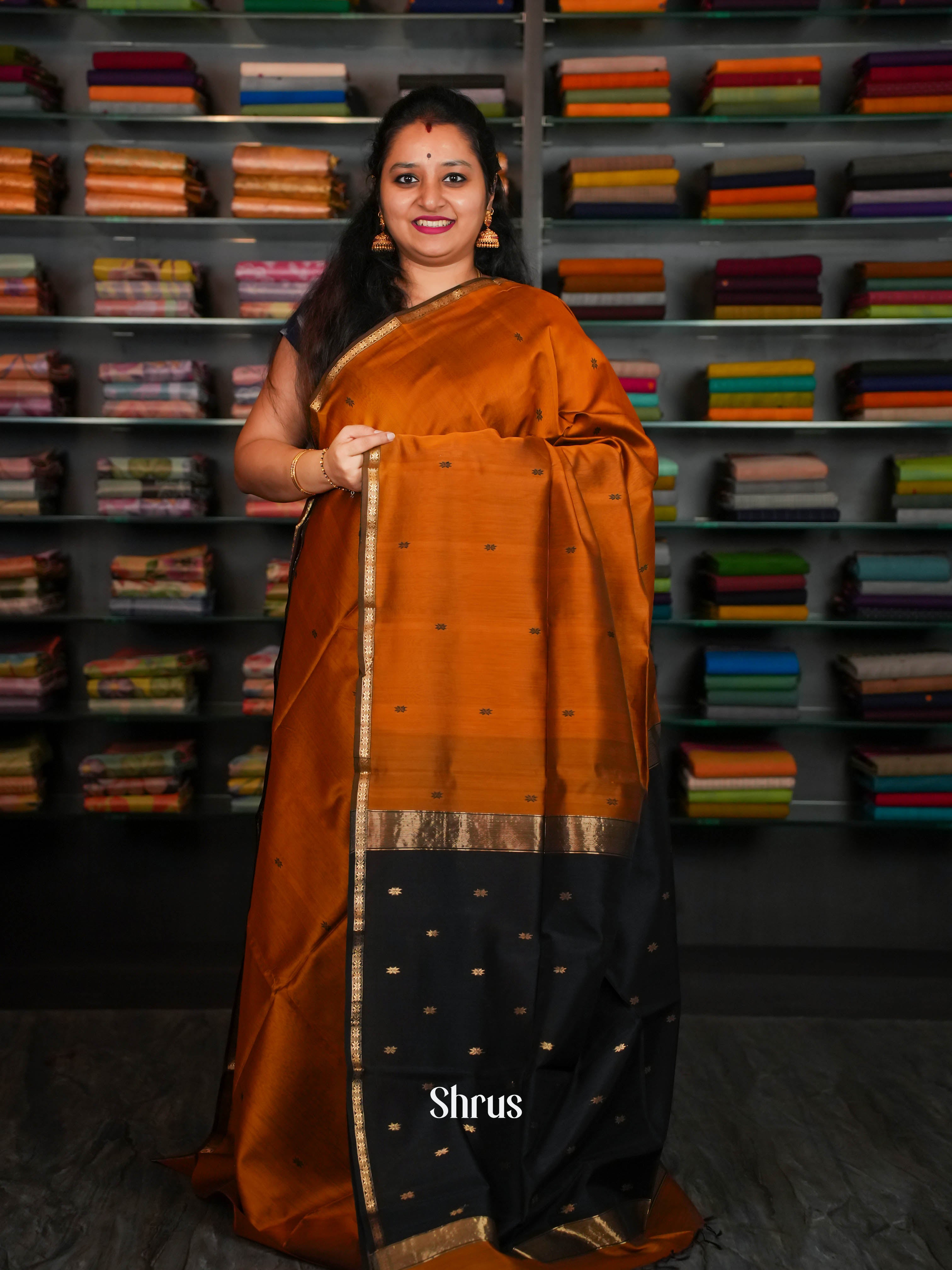 Mustard Black Maheshwari silkcotton Saree - Shop on ShrusEternity.com