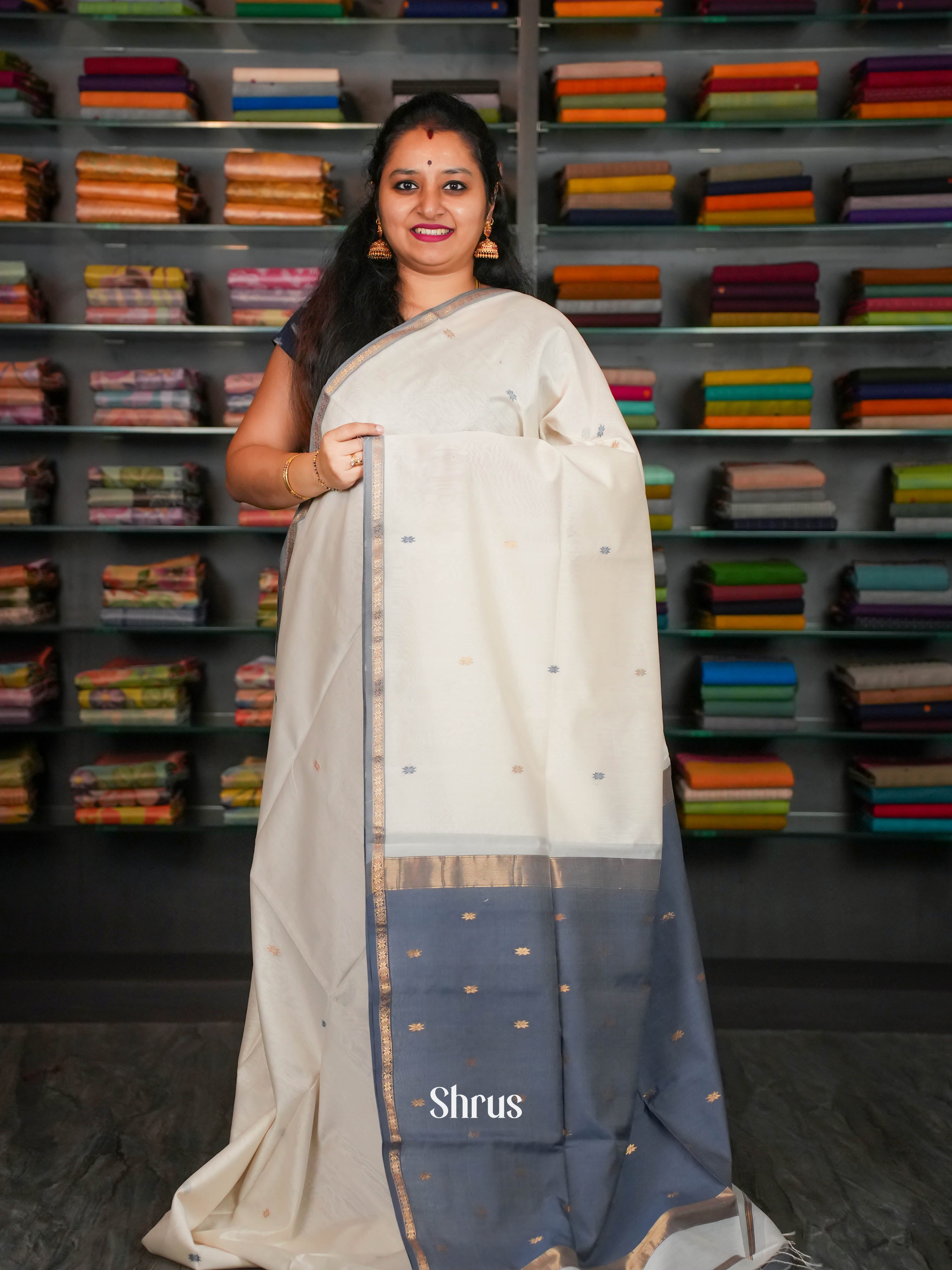 Cream Grey Maheshwari silkcotton SareeCIS05069 - Shop on ShrusEternity.com