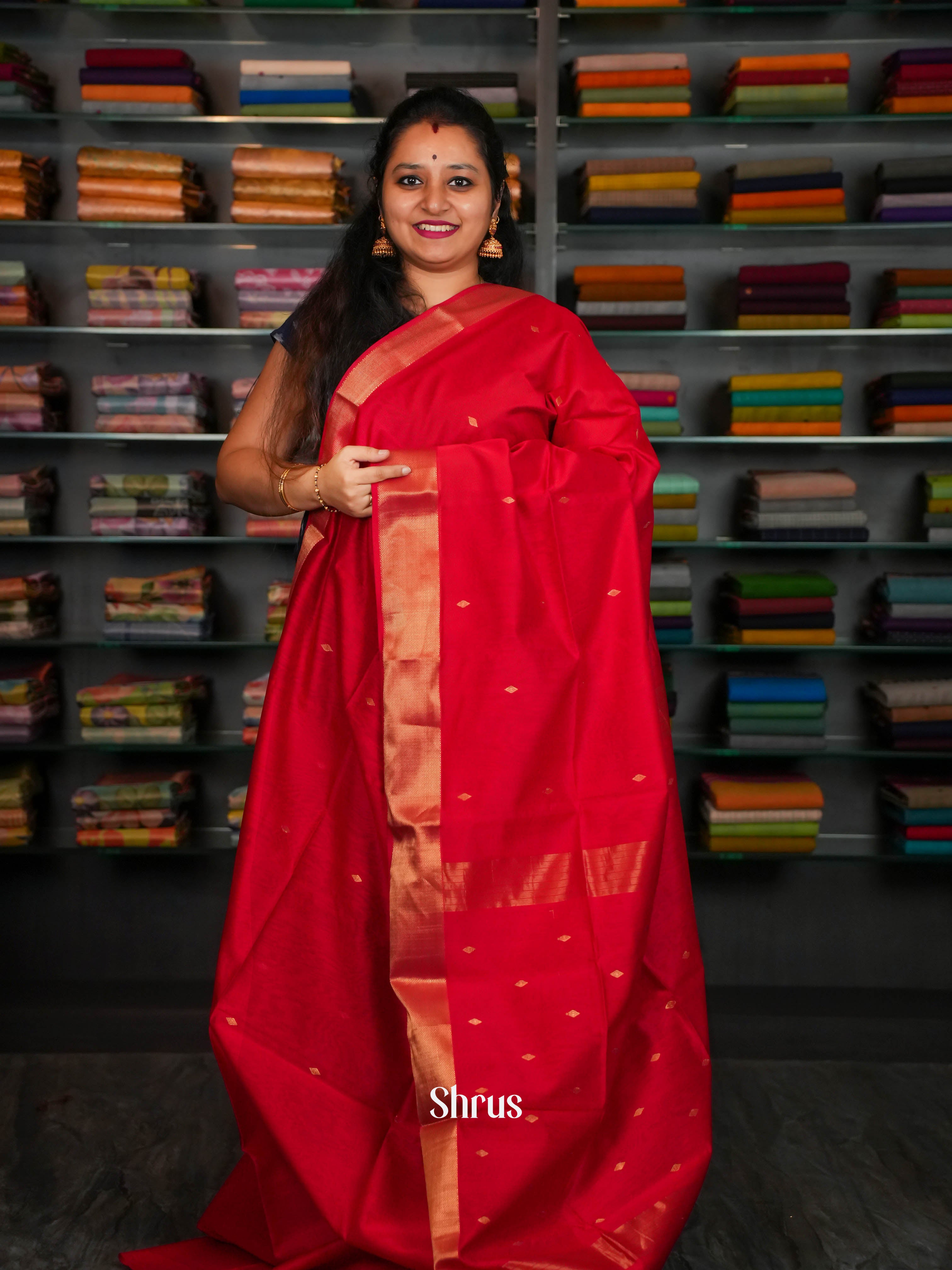Red - Maheshwari silkcotton Saree - Shop on ShrusEternity.com
