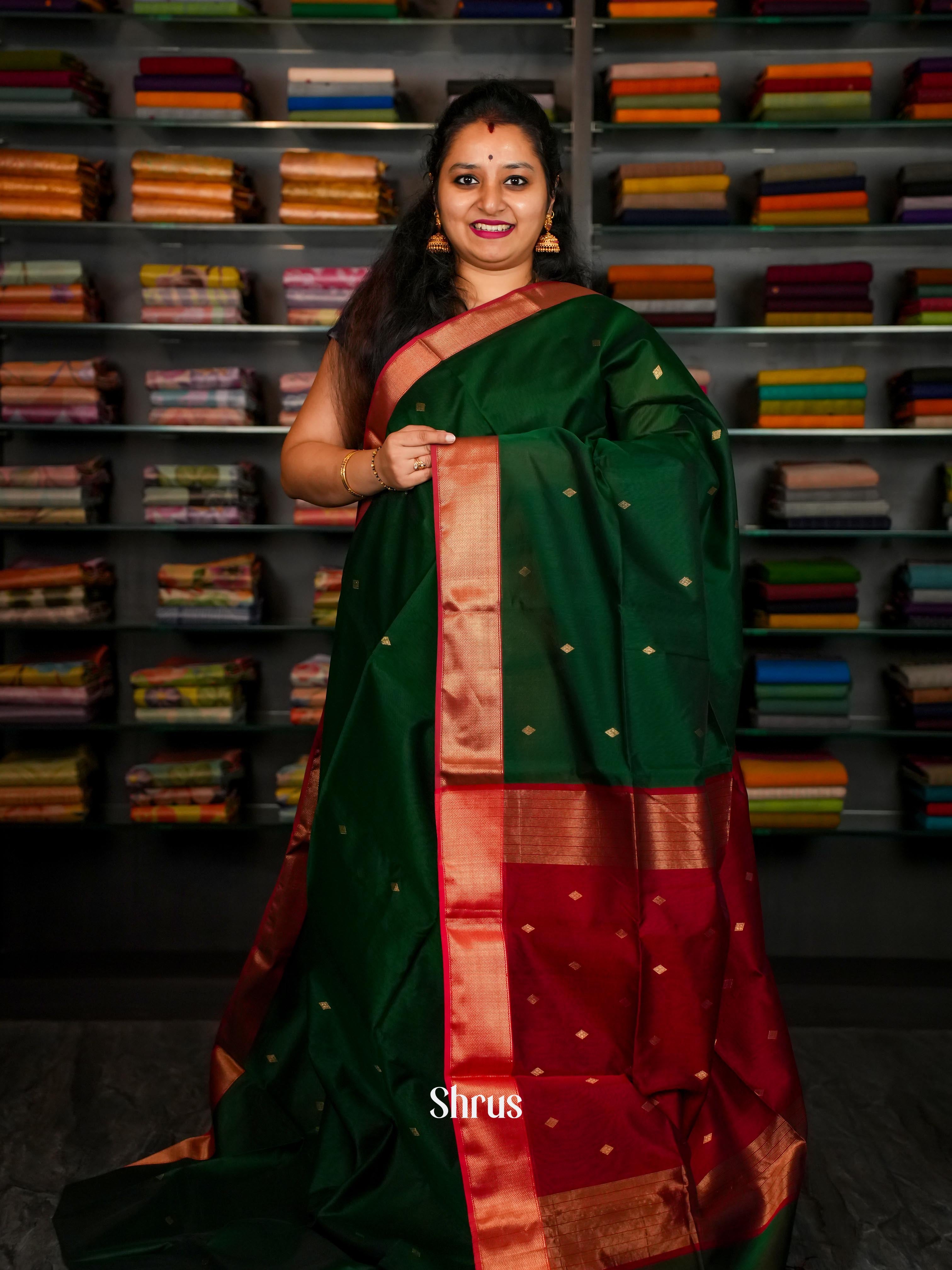 Green & Red - Maheshwari silkcotton Saree - Shop on ShrusEternity.com