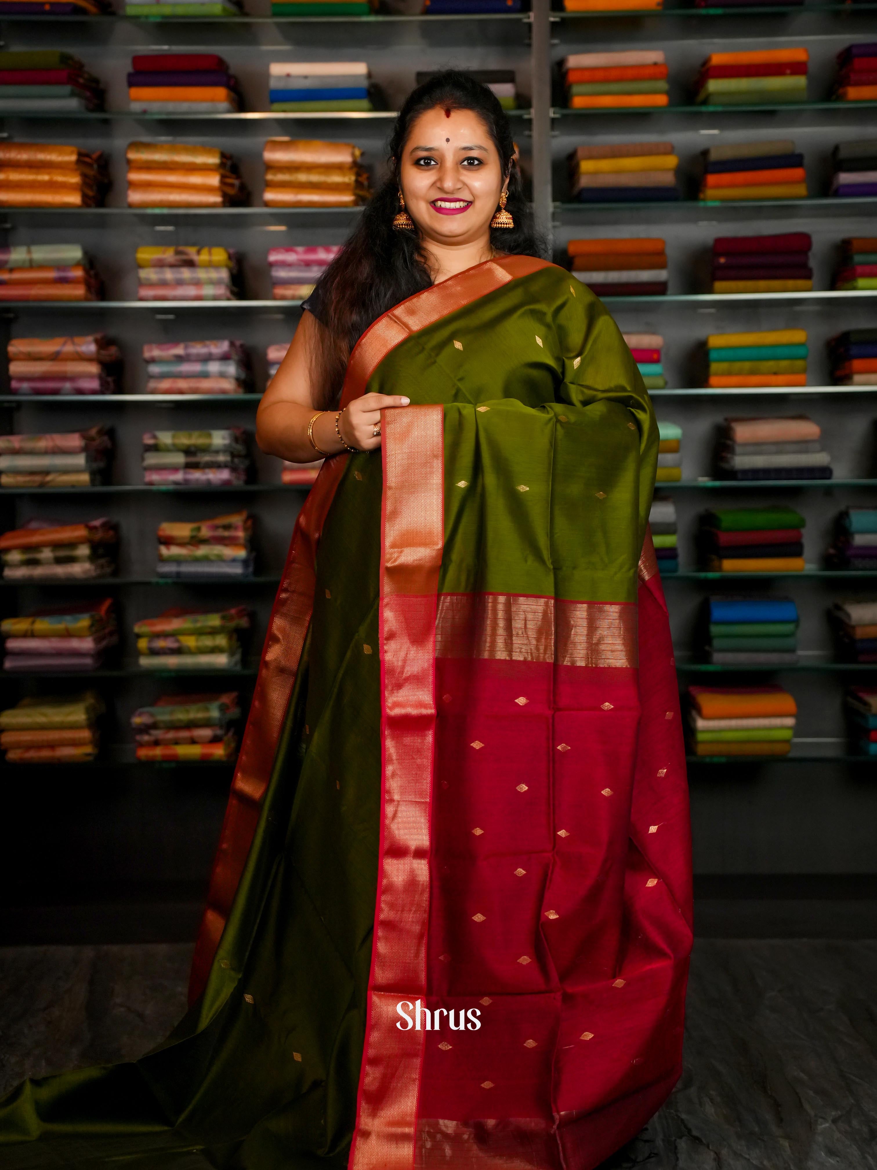 Olive Green & Red - Maheshwari silkcotton Saree - Shop on ShrusEternity.com