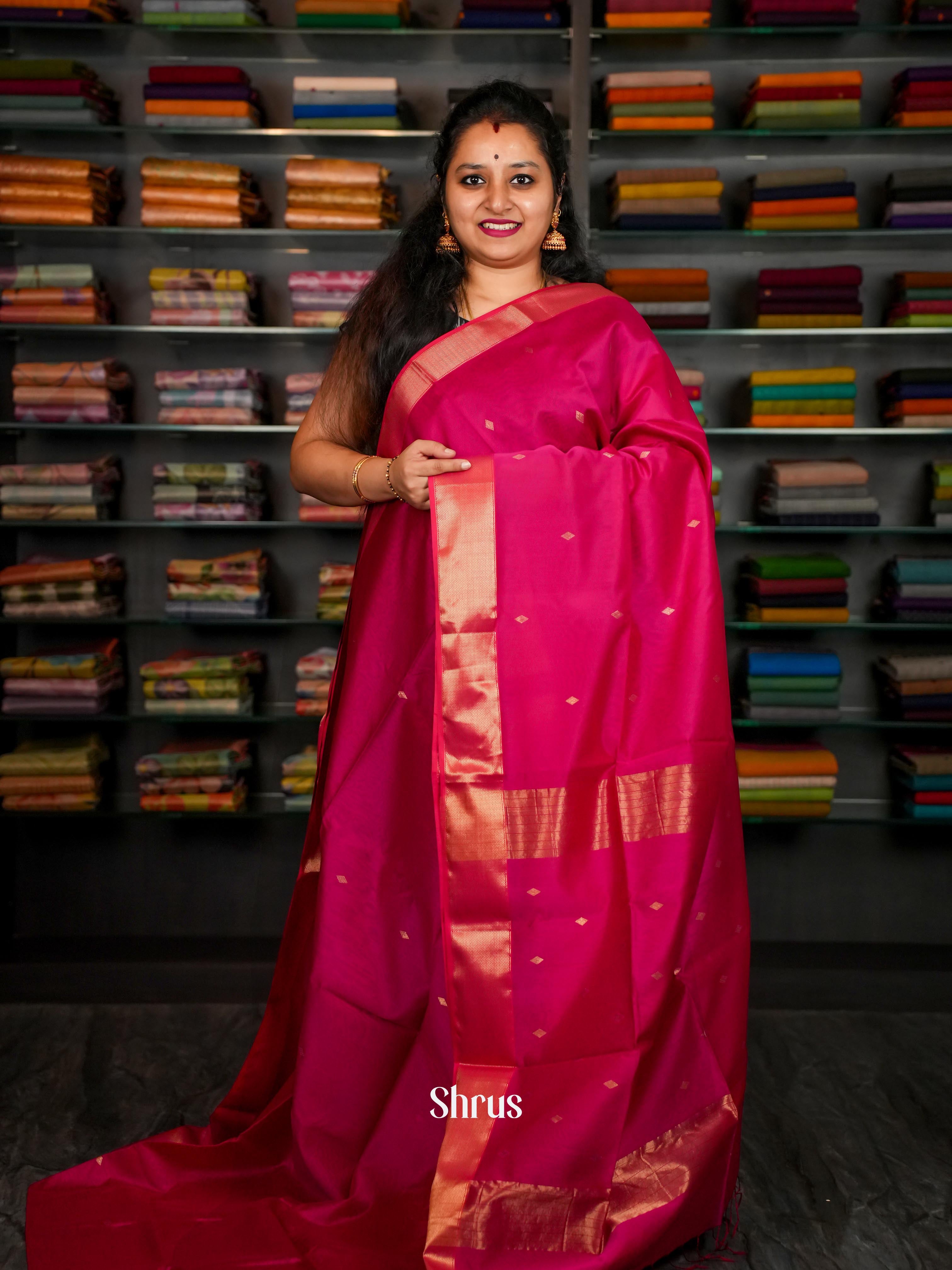 Pink Maheshwari silkcotton Saree - Shop on ShrusEternity.com