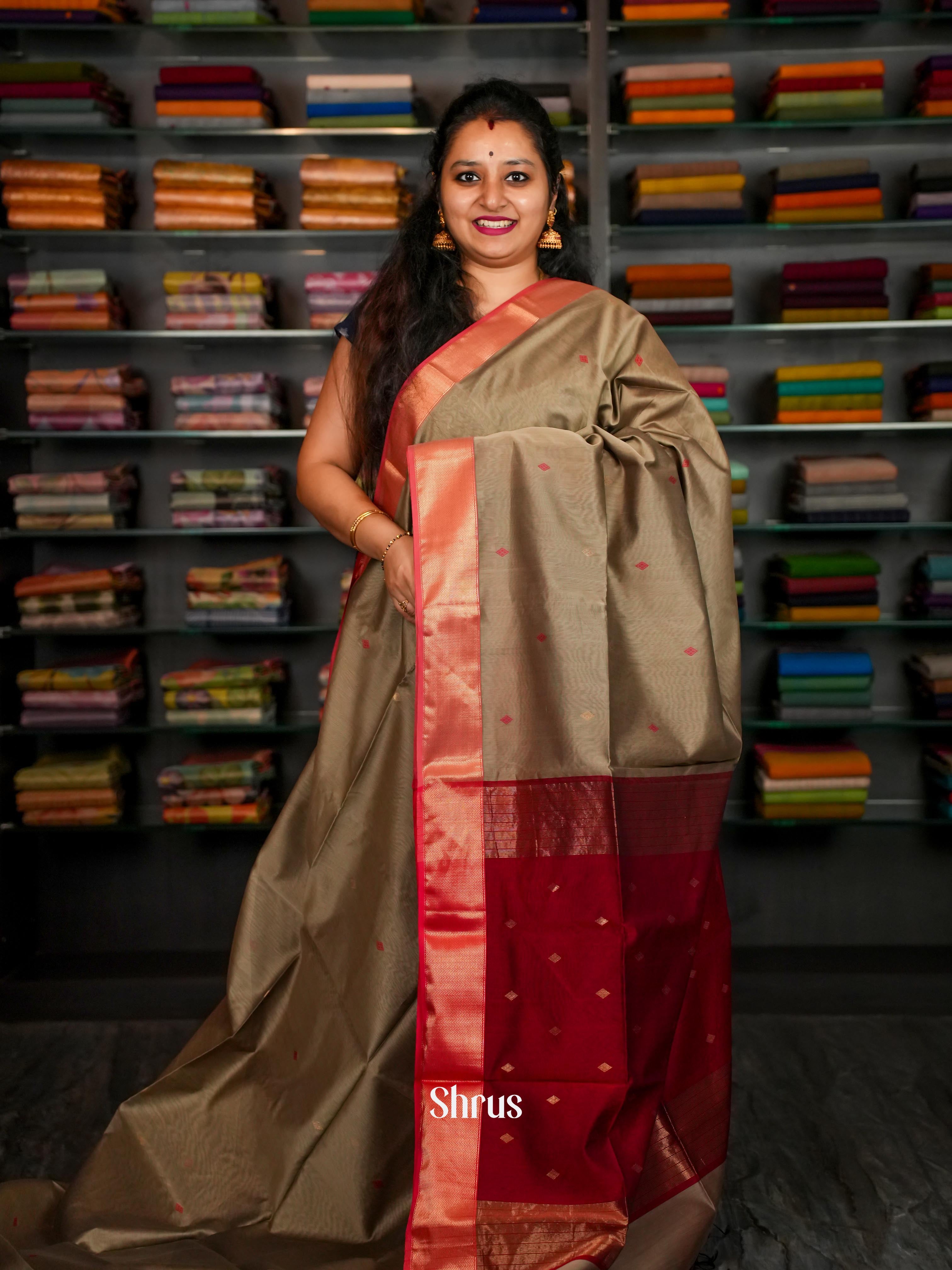 Olive Grey & Red - Maheshwari silkcotton Saree - Shop on ShrusEternity.com