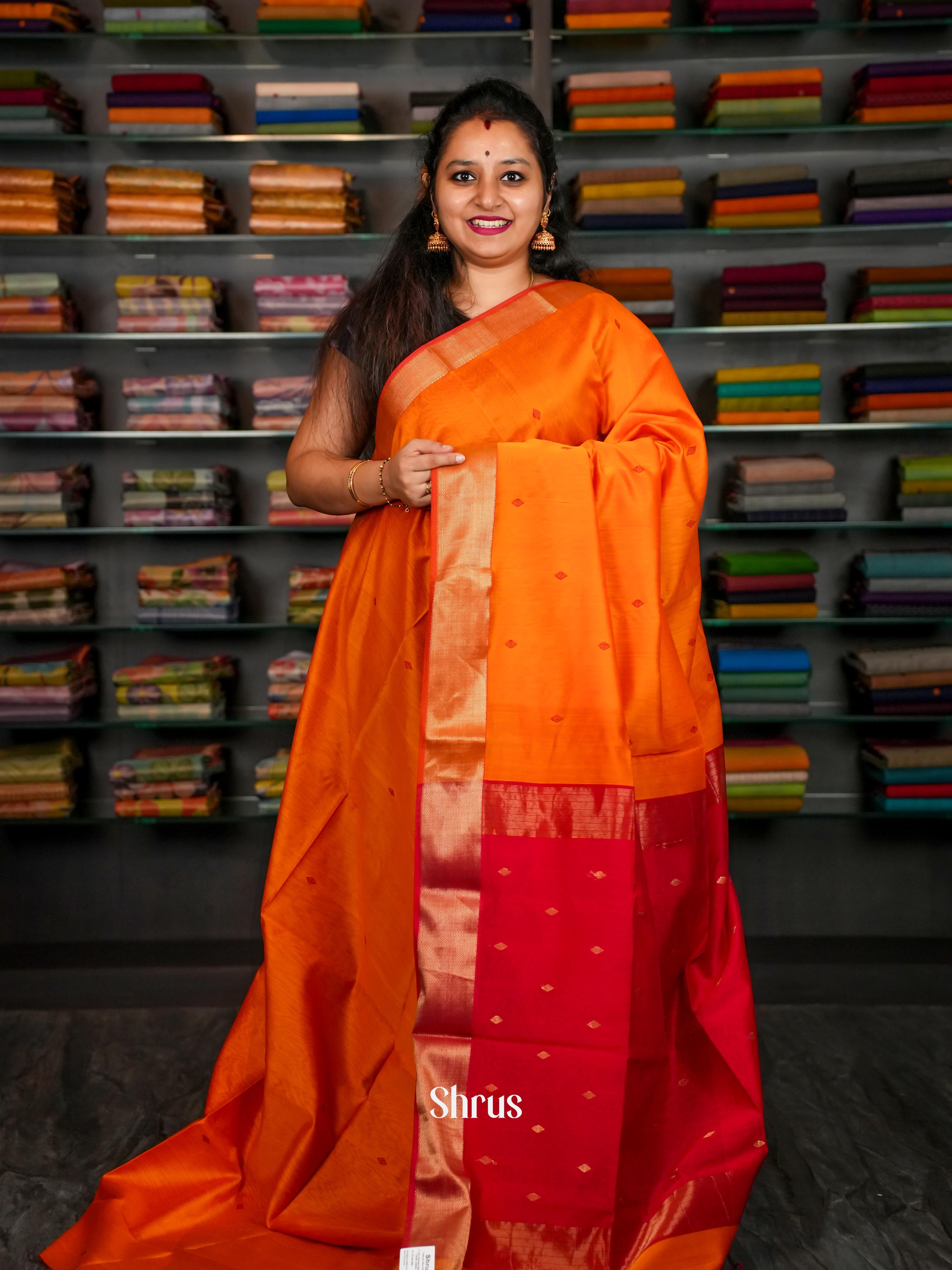 Golden Orange & Red - Maheshwari silkcotton saree - Shop on ShrusEternity.com