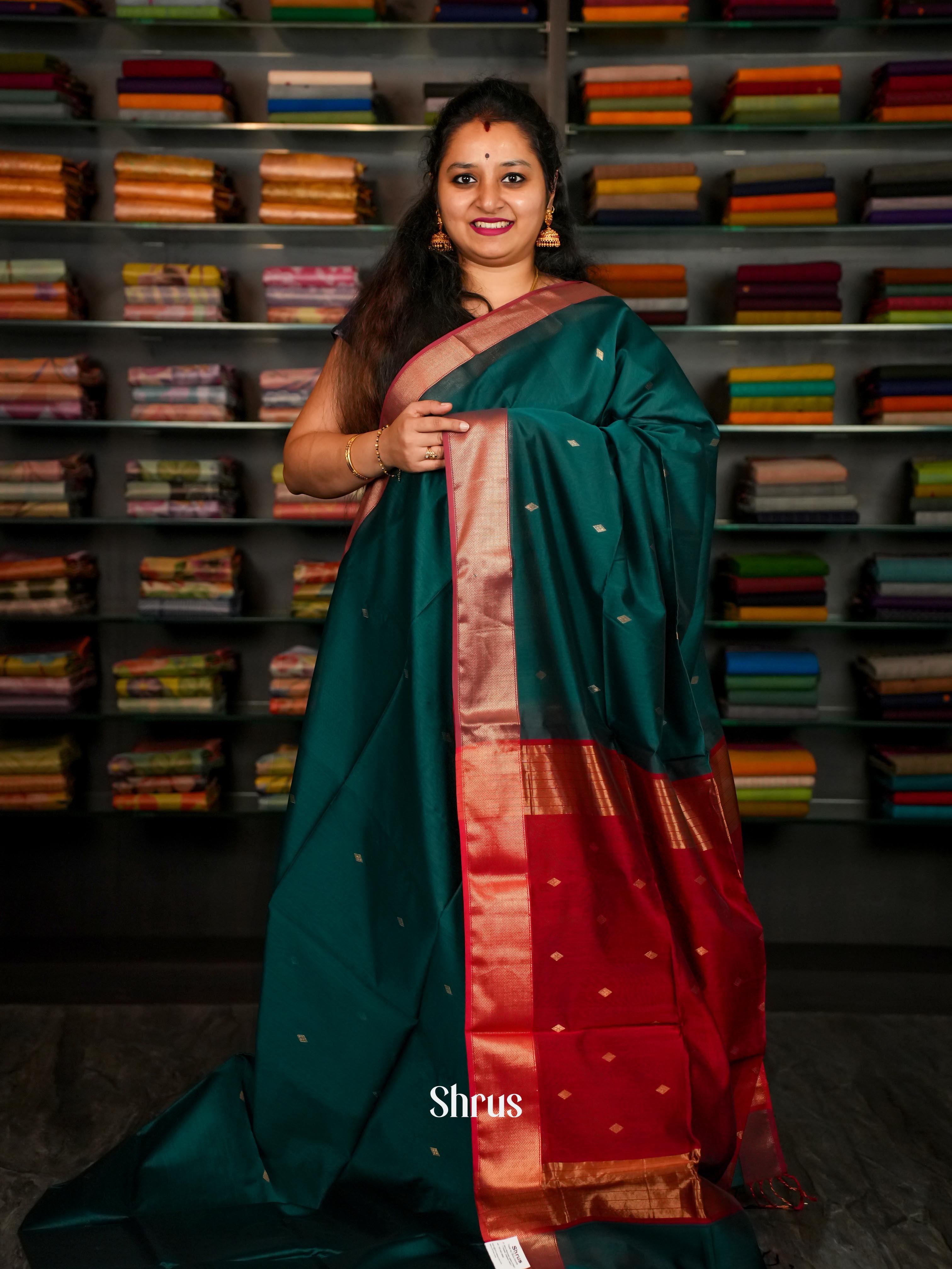 Forest Green & Red - Maheshwari silkcotton Saree - Shop on ShrusEternity.com