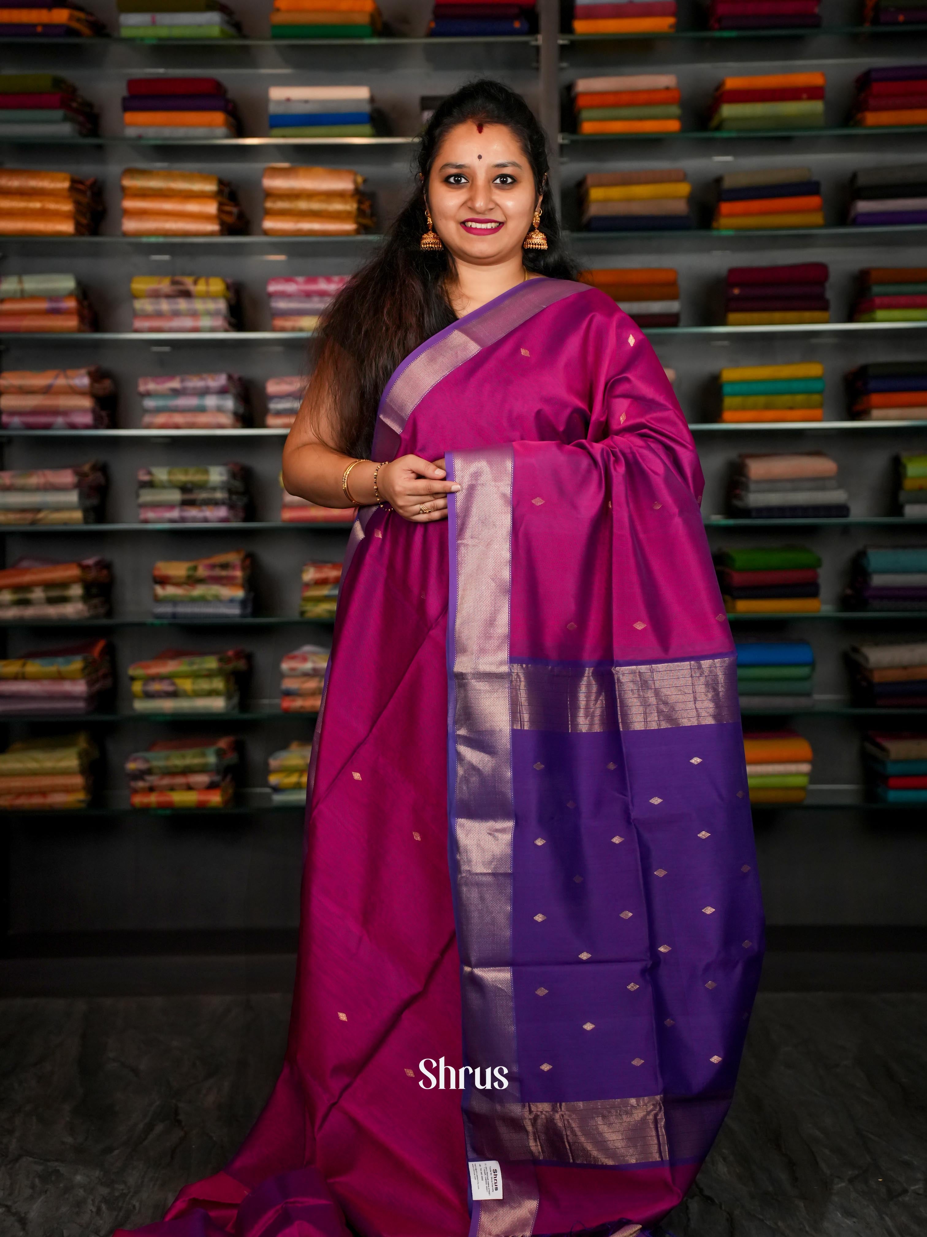 Magenta & Blue - Maheshwari silkcotton Saree - Shop on ShrusEternity.com