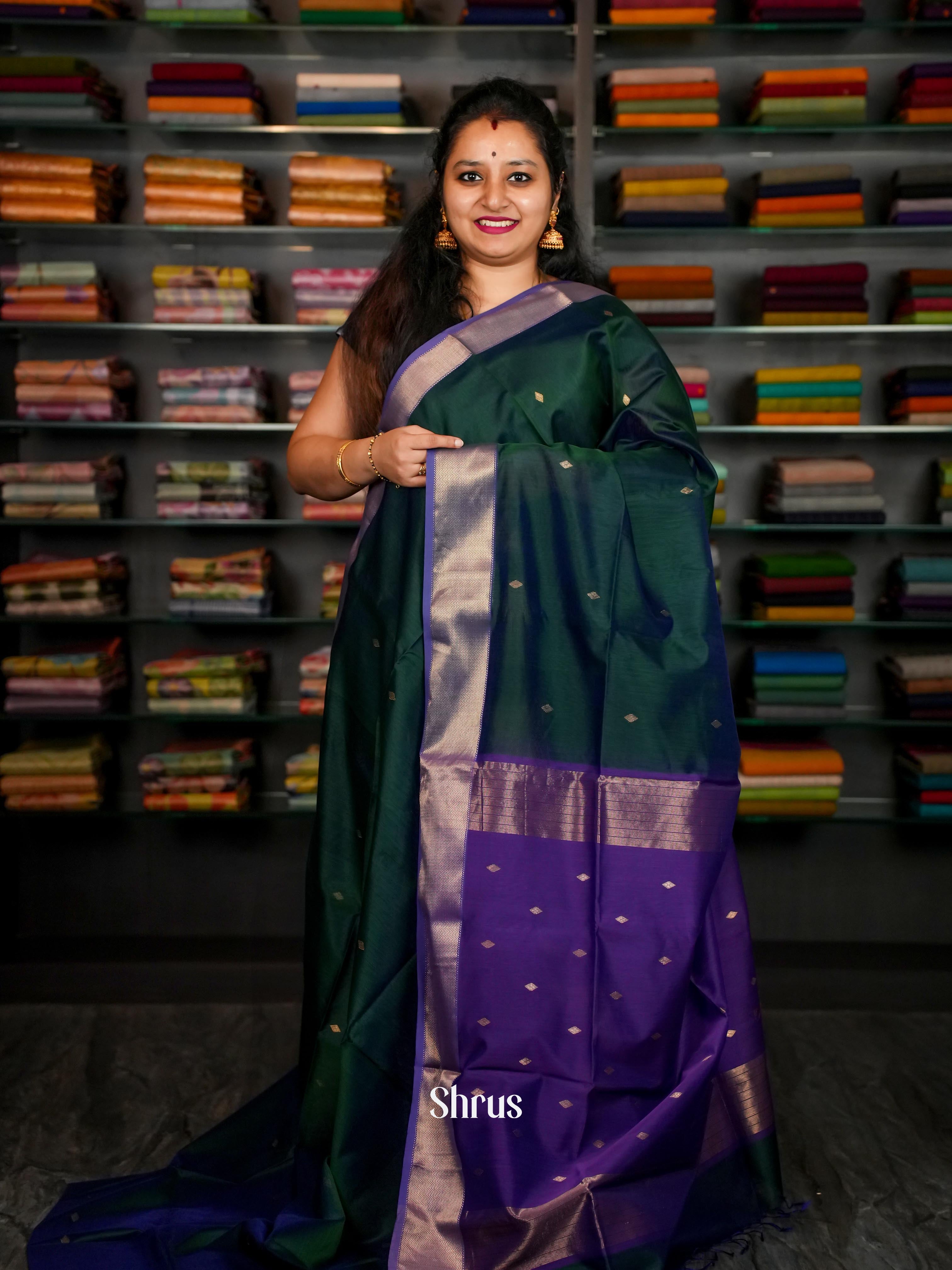 Forest Green & Purple - Maheshwari silkcotton Saree - Shop on ShrusEternity.com