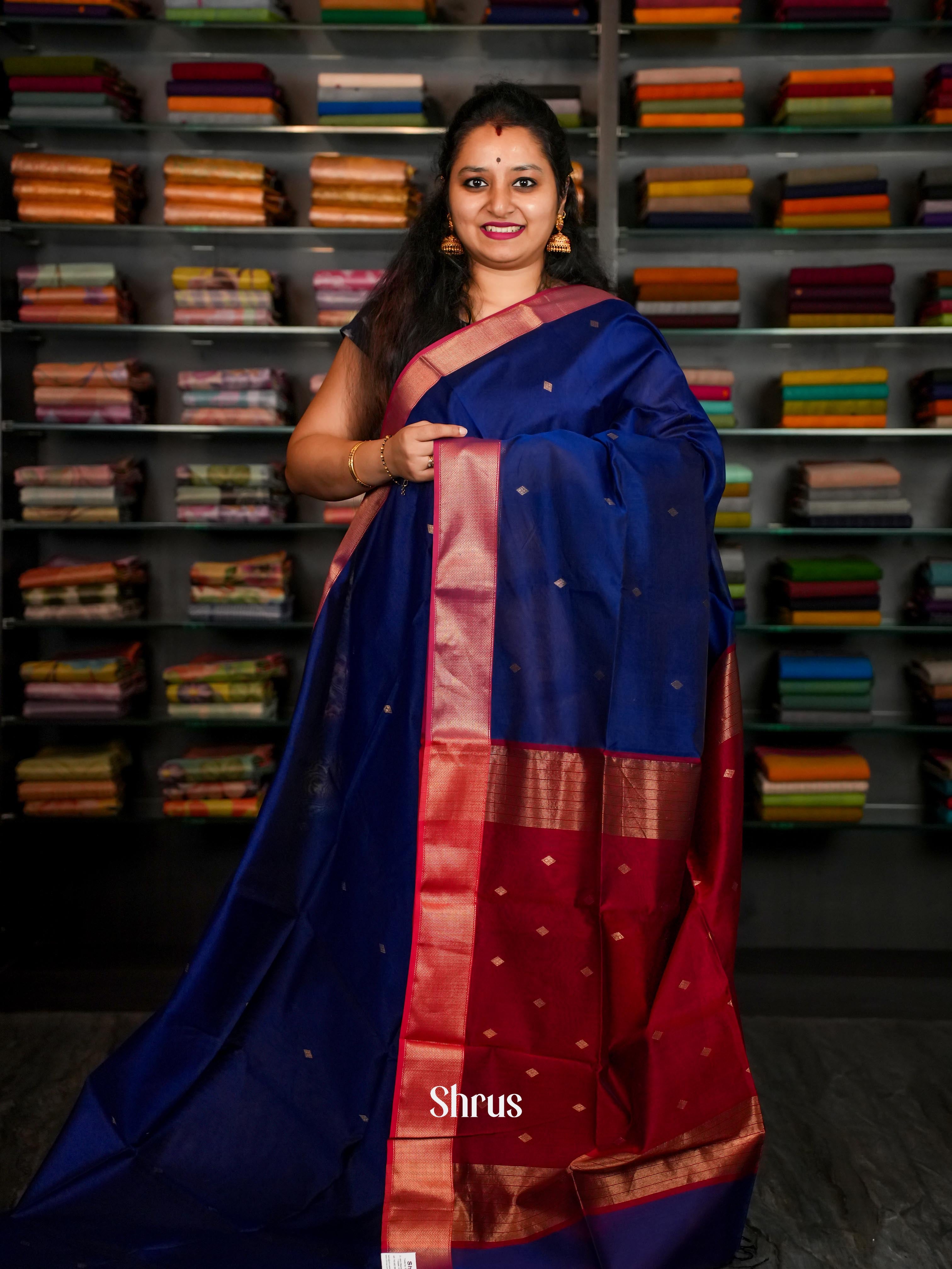 Dark Blue & Red - Maheshwari silkcotton Saree - Shop on ShrusEternity.com