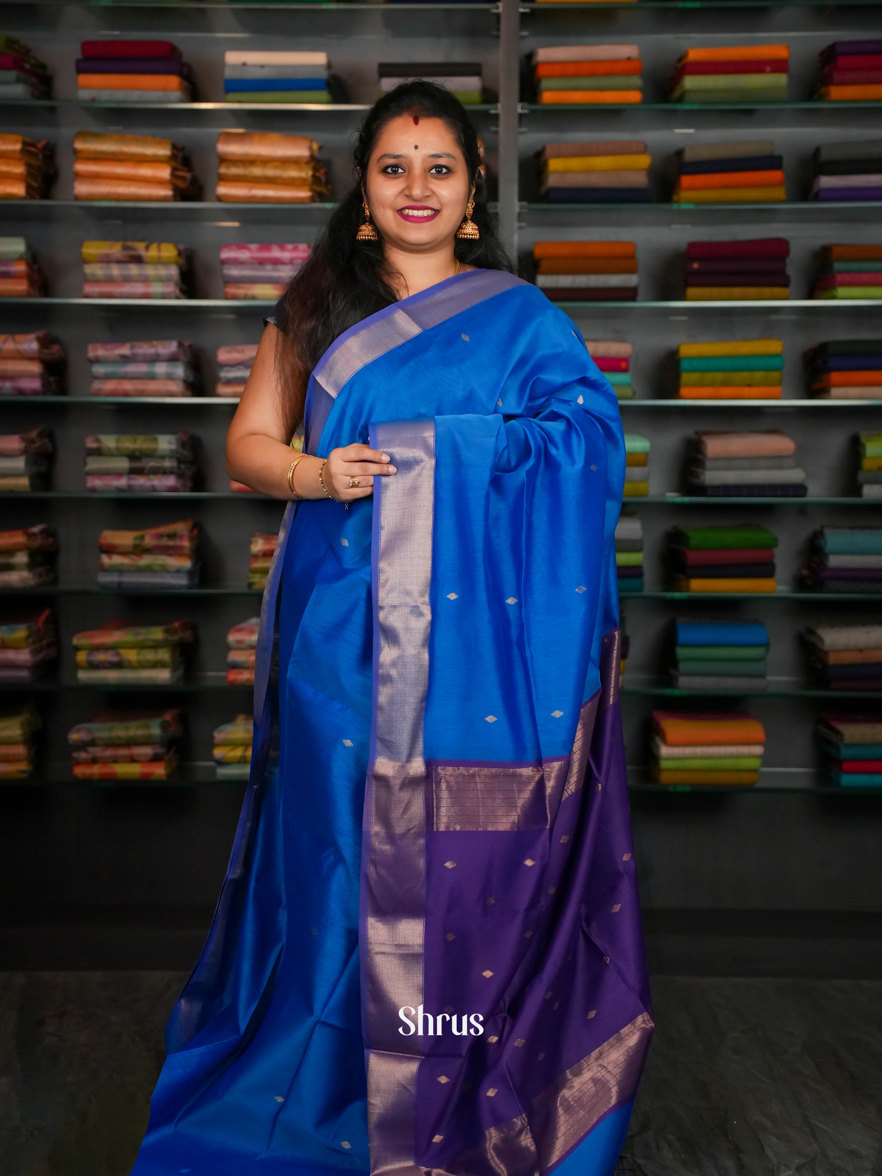 Blue Maheshwari silkcotton Saree - Shop on ShrusEternity.com