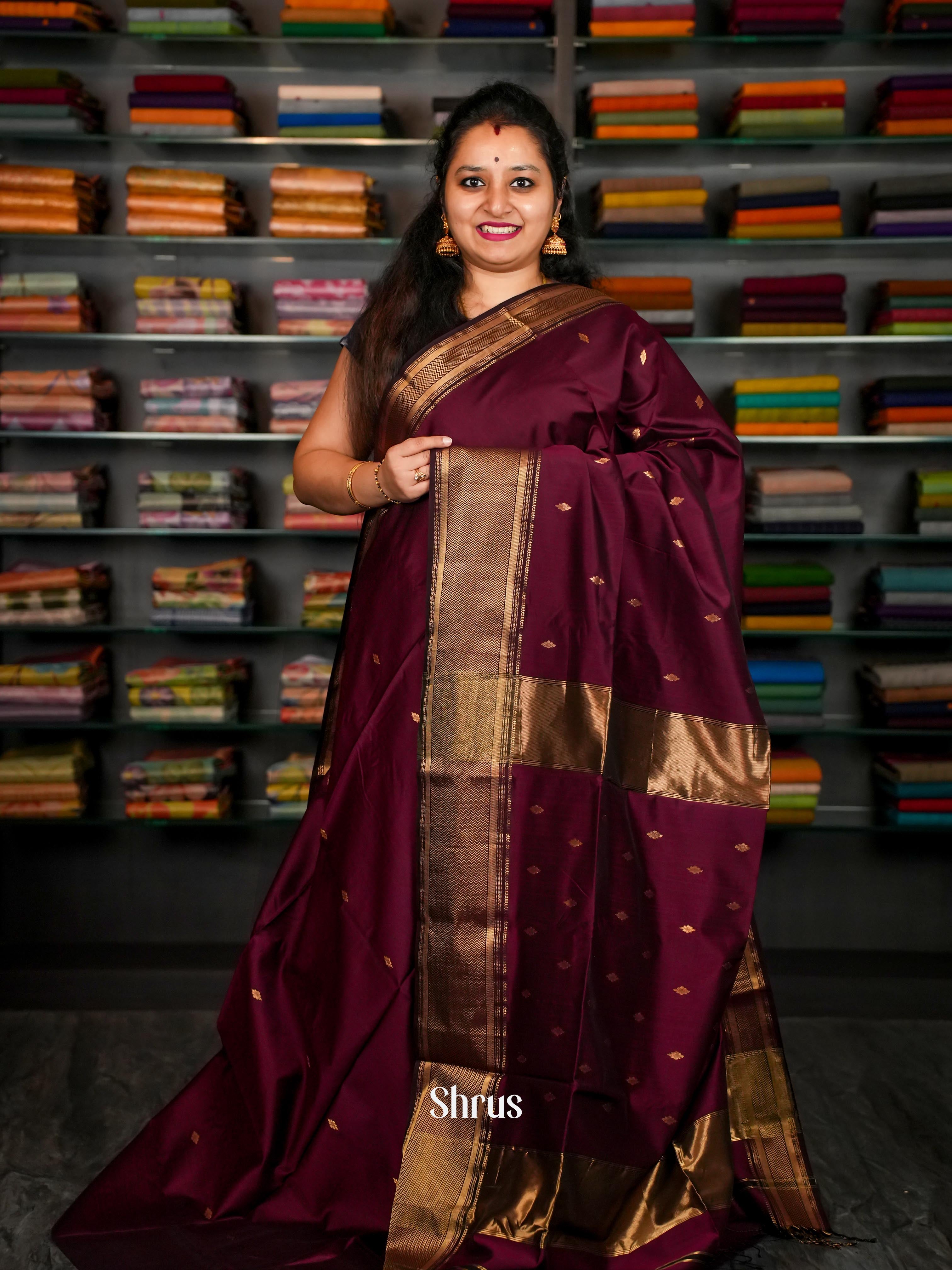 Maroon - Maheshwari silkcotton Saree - Shop on ShrusEternity.com