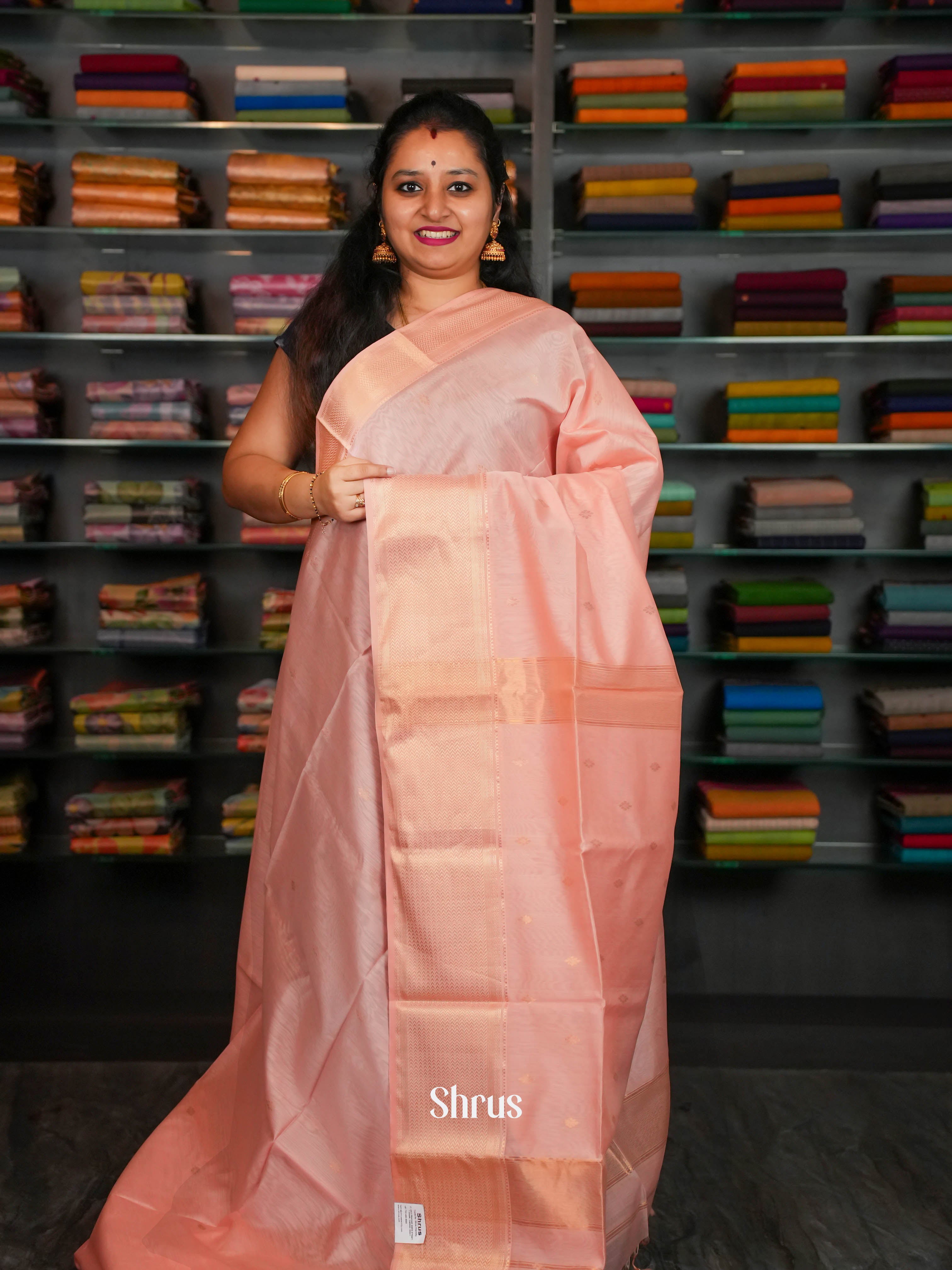 Peach - Maheshwari silkcotton Saree - Shop on ShrusEternity.com