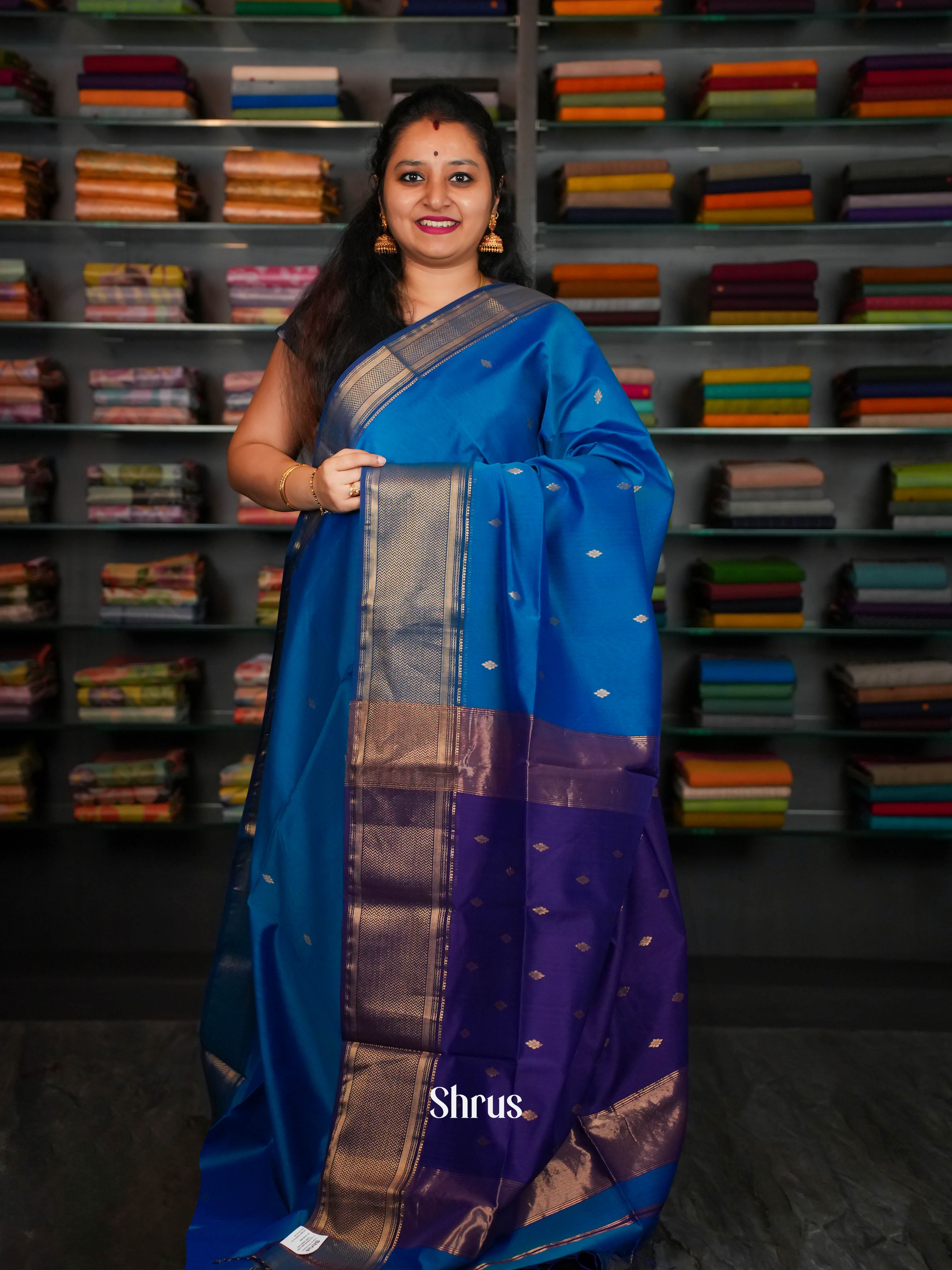 Blue Maheshwari silkcotton Saree - Shop on ShrusEternity.com