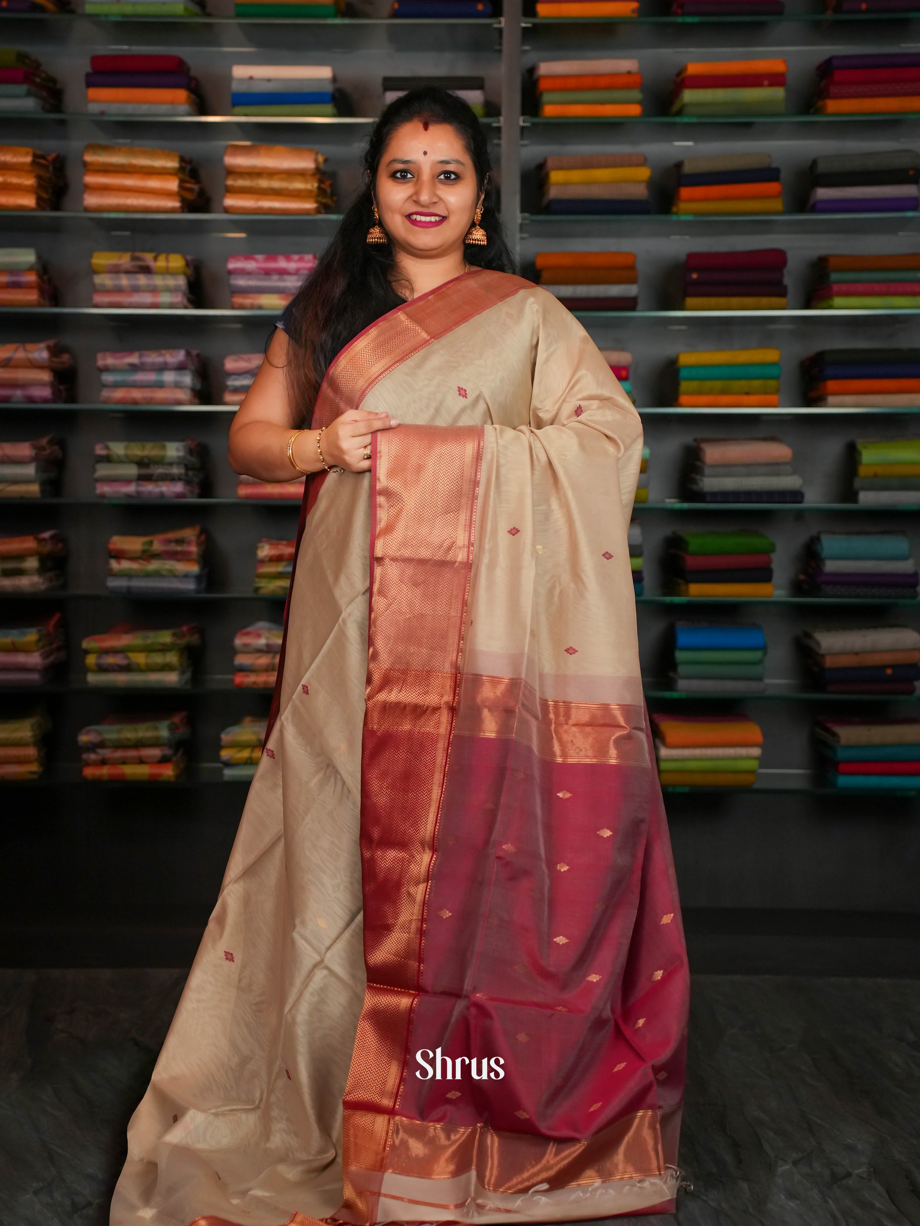 Dusty Grey & Pink Maheshwari silkcotton Saree - Shop on ShrusEternity.com